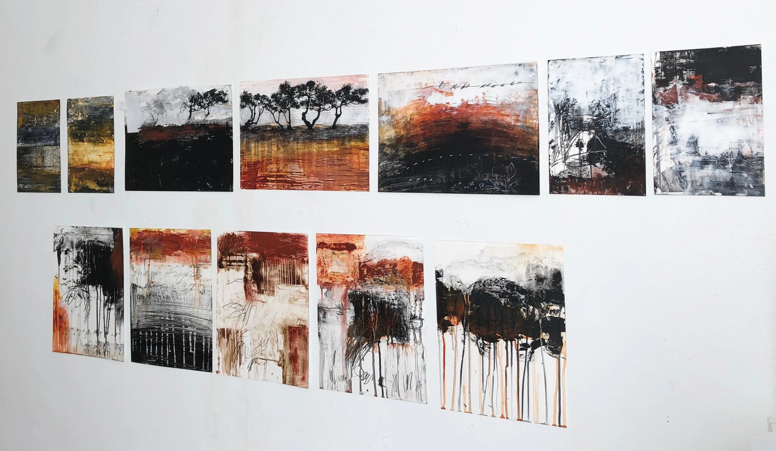 Studio wall at my residency in southern Spain. All works in process. 2020 ©Amy Guion Clay