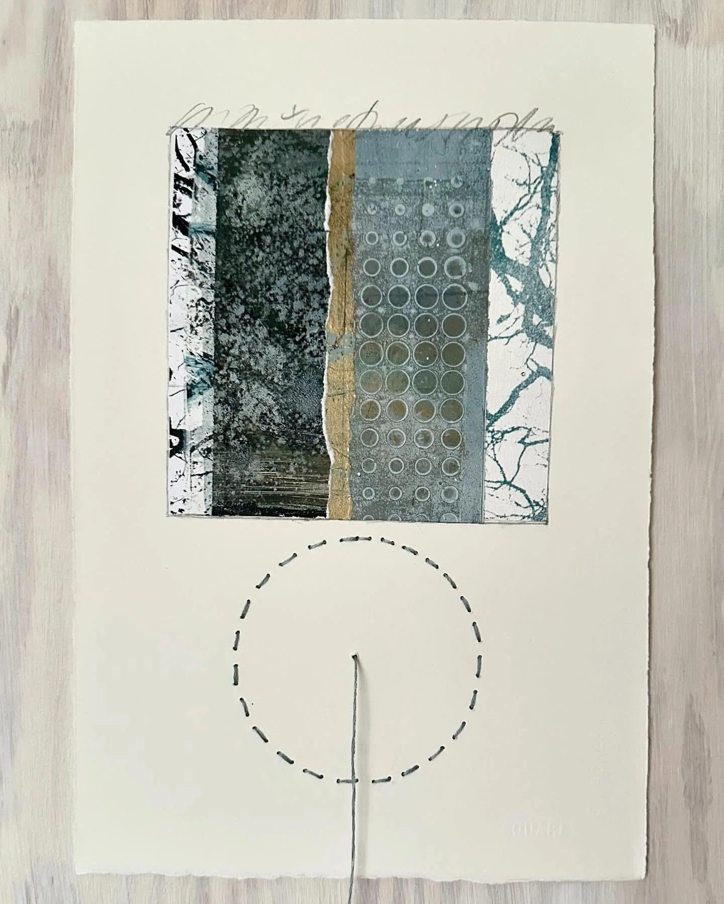 &ldquo;Try Silence&rdquo; #5. More meditations on my time here, which is drawing to a close, sadly.
Collage and stitching. Not sure if I&rsquo;ll keep the stitching or just the holes. Wanting to keep it simple.