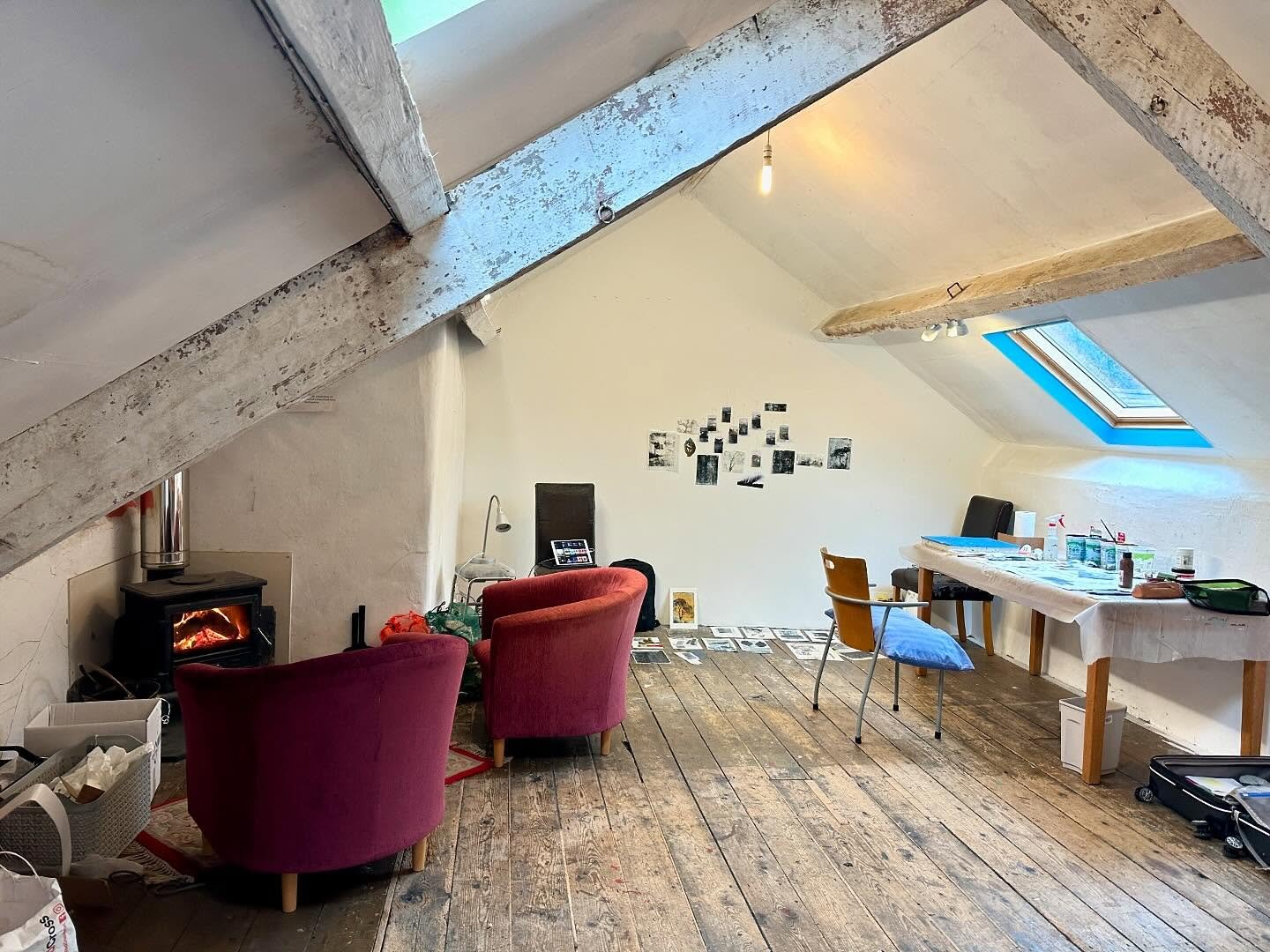 My cozy and spacious attic studio here in the old slate mining village of Corris Wales. We are 3 artists sharing a house here at Stiwdio Maelor, on the edge of Snowdonia National Park. I love the wonderful variety of places I&rsquo;ve been experienci