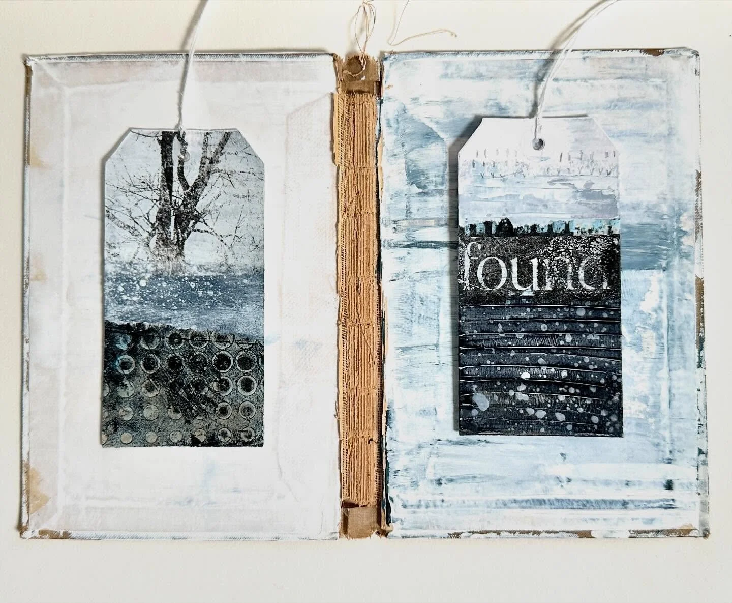 I bought an old book in Machynlleth thinking I&rsquo;d do something with it. I tore out the pages to paint the inside cover. Suddenly 2 of my travel tags found a home!😀