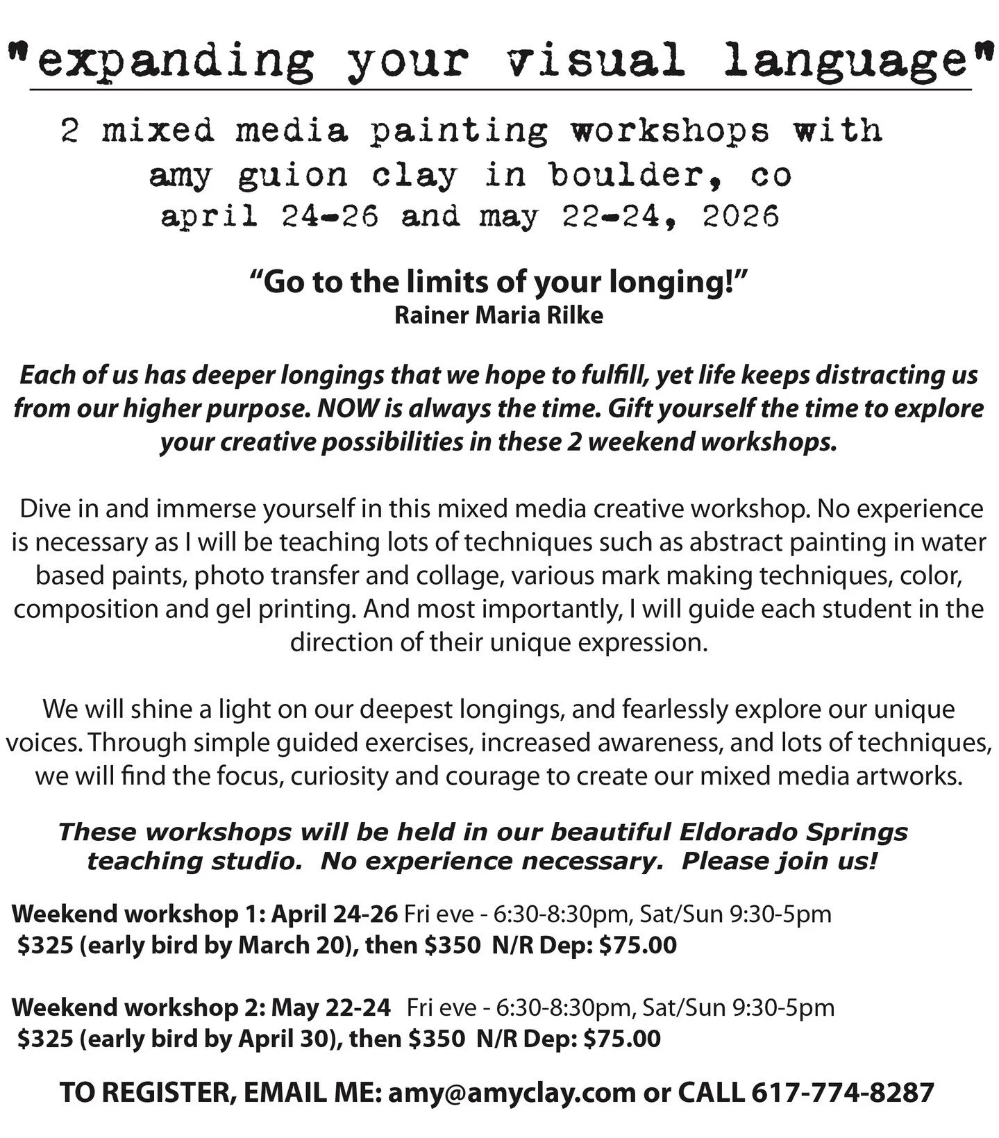 I have one spot left for my upcoming weekend workshop on April 24-26th in beautiful Boulder, CO! In a judgement-free environment overlooking the Flatiron mountains, we will be exploring mixed media acrylic painting including collage, photo transfer, 