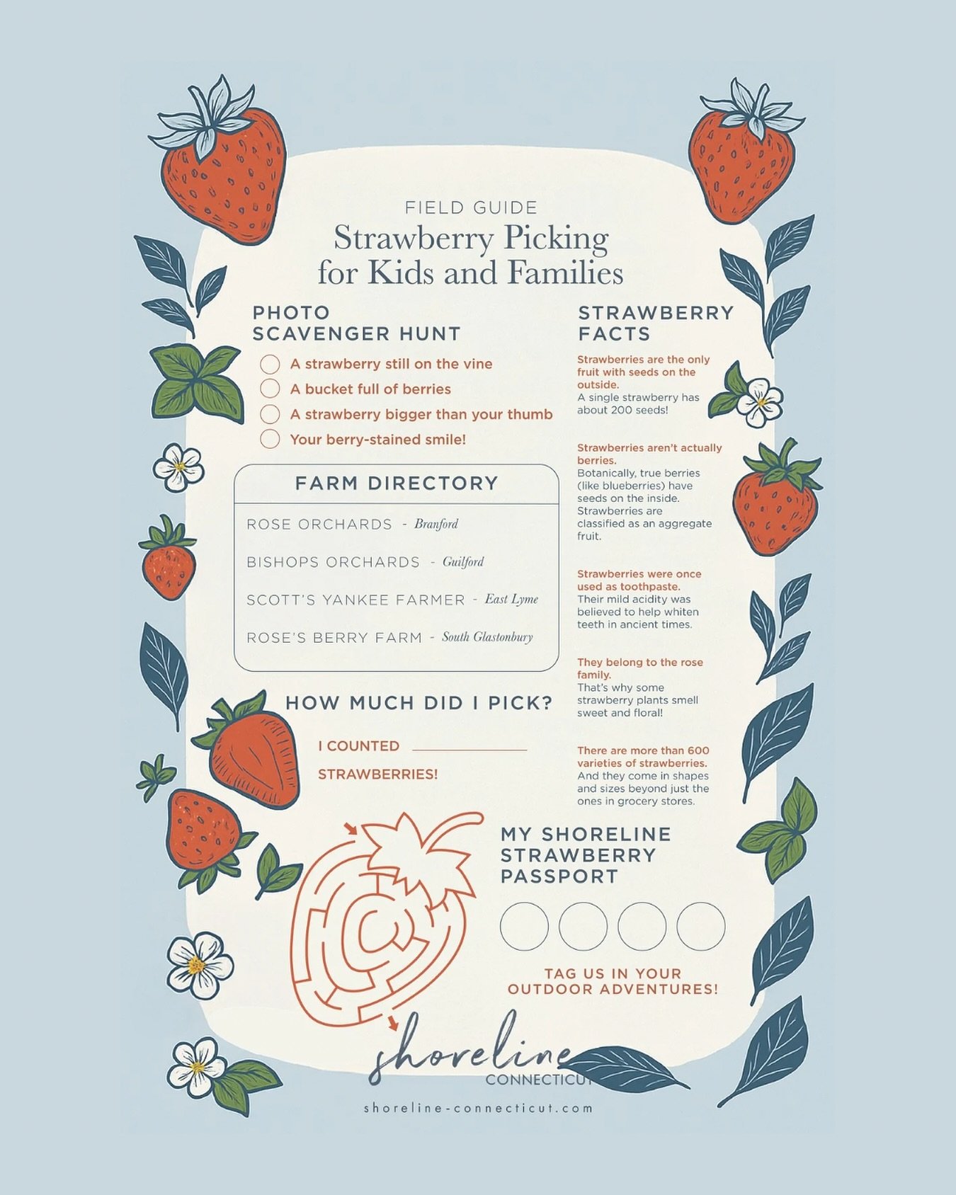 🍓 A strawberry field trip, reimagined. 🍓

Introducing the Shoreline Connecticut Field Guide to Strawberry Picking for Kids and Families&mdash;a beautifully illustrated download designed to make your next berry-picking adventure even sweeter. From a