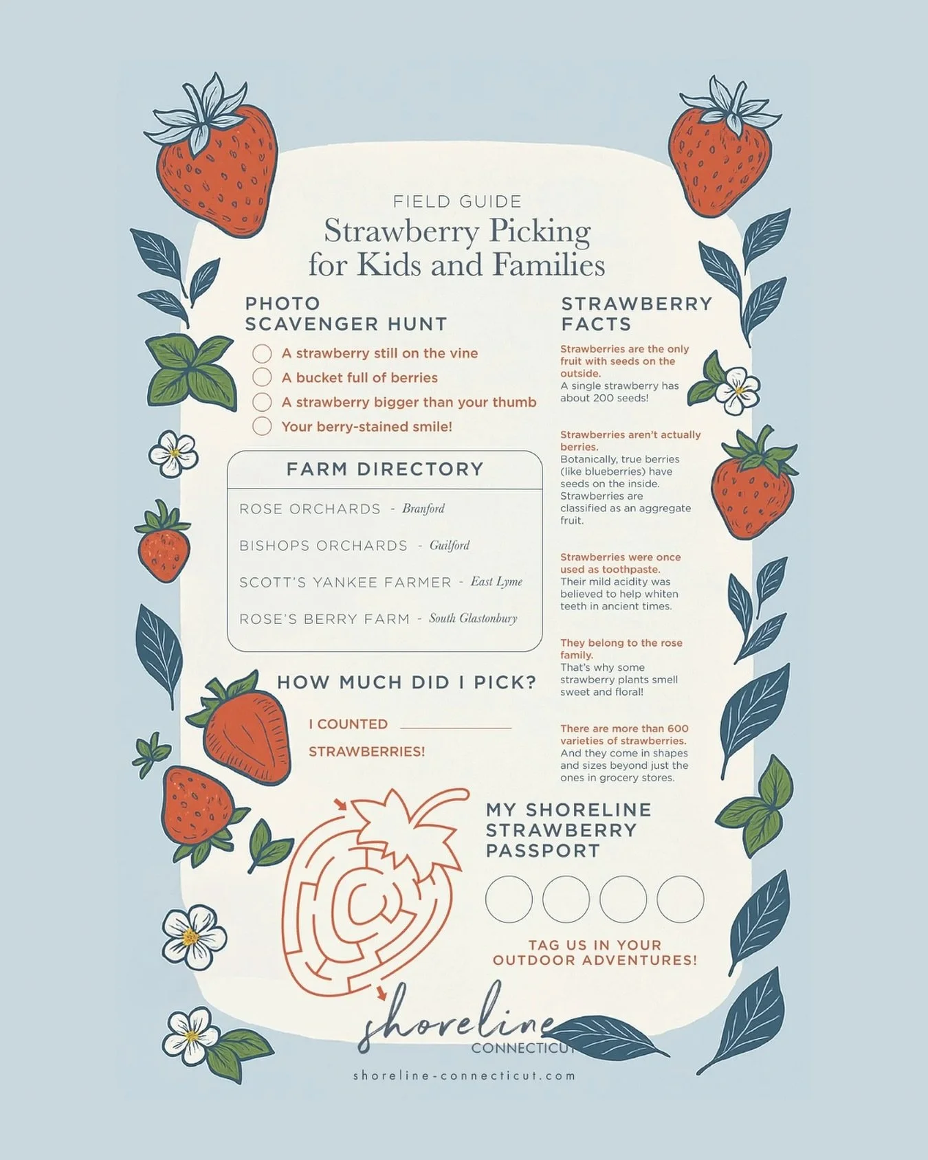 🍓 A strawberry field trip, reimagined. 🍓

Introducing the Shoreline Connecticut Field Guide to Strawberry Picking for Kids and Families&mdash;a beautifully illustrated download designed to make your next berry-picking adventure even sweeter. From a