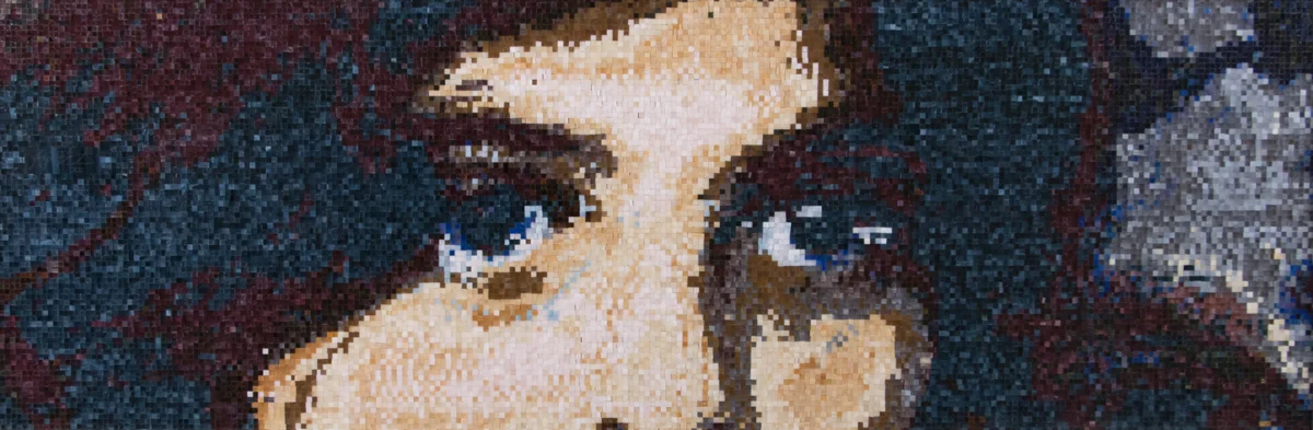 MYSTERIOUS EYES Medium: Hand Broken Stained Glass Pieces: 19,200 Hand Placed Tiles Size: 48" x 16"