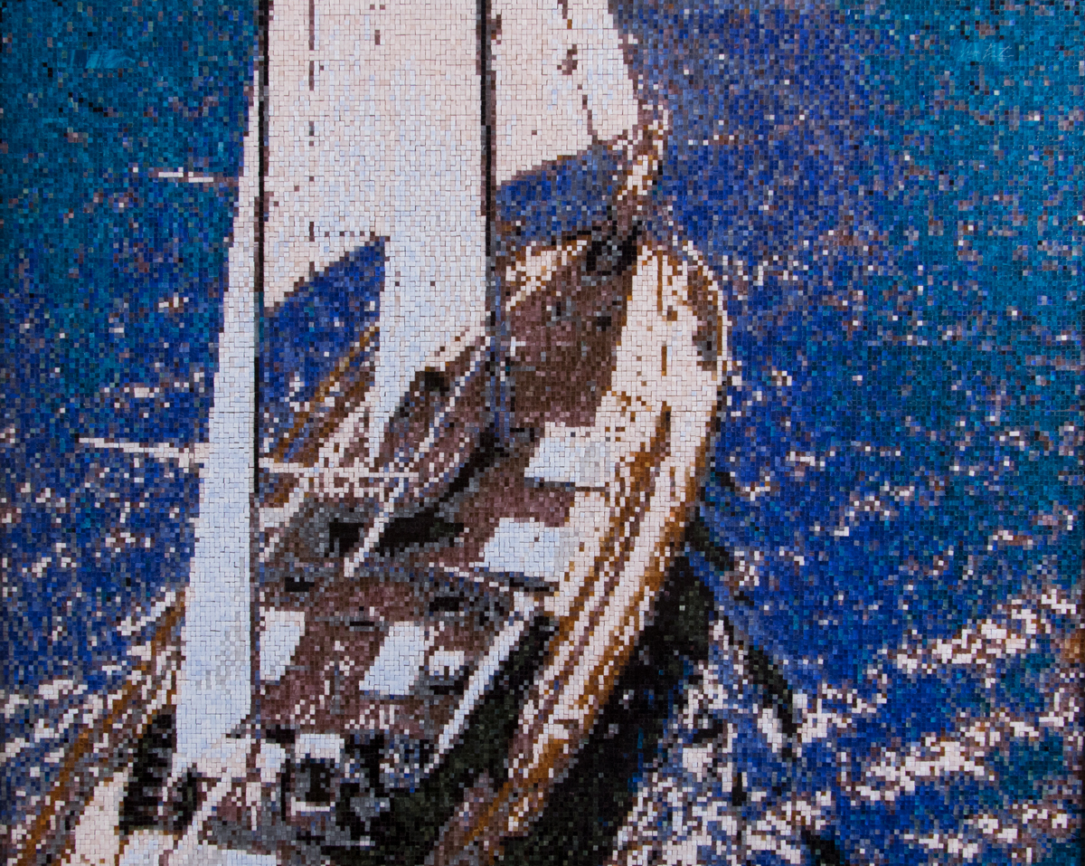 SAILS OVER THE MED Medium: Hand Broken Stained Glass Pieces: 43,828 Hand Placed Tiles Size: 46" x 38"