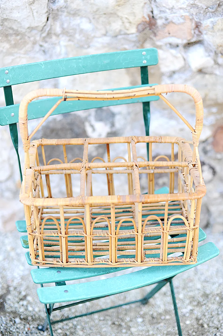 Haven Antiques Vintage French Rattan Bamboo Bottle Wine Carrier Basket Mid-Century Modern