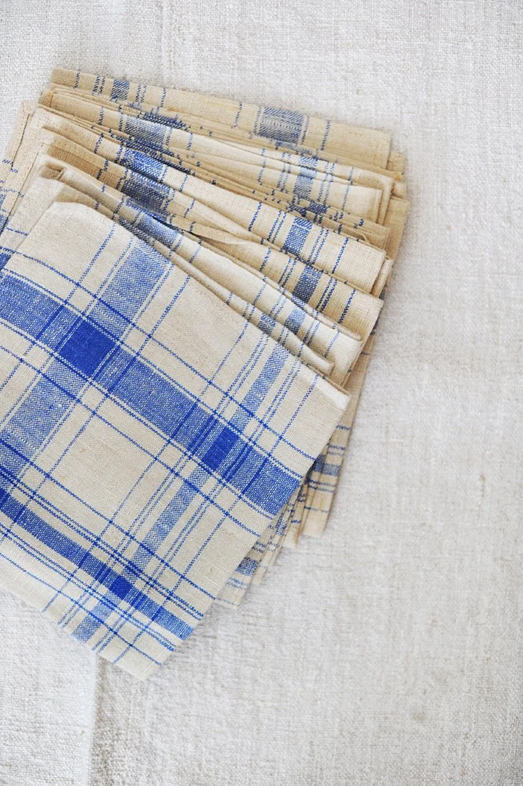Antique French Pure Linen Grain Sack Plaid Napkins