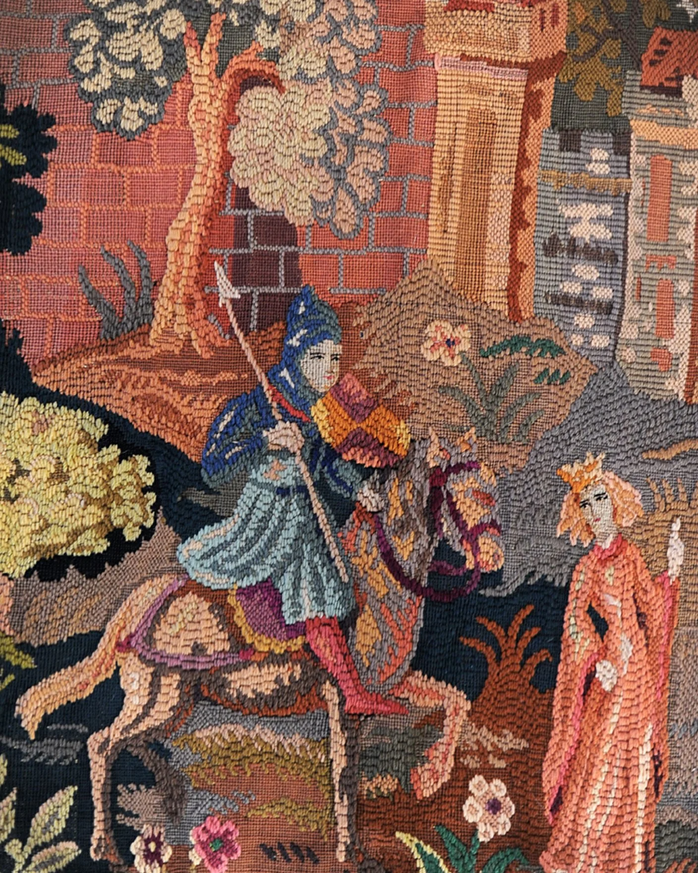 French wool &amp; silk 19th century tapestry of a medieval scene. I finally have my first one! 💙
