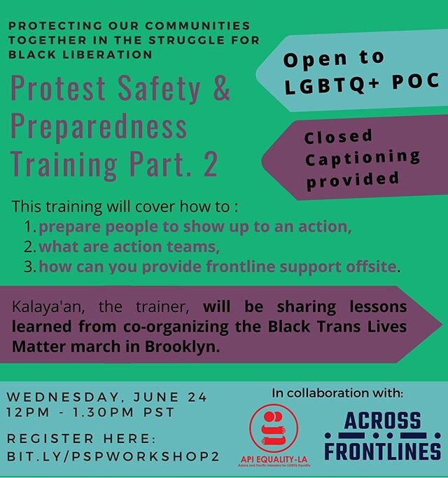 UPDATE
This training will cover how to: ✊🏽prepare people to show up to an action,
✊🏾 what are action teams, and ✊🏿how can you provide frontline support offsite. 
Kalaya'an, the trainer, will be sharing lessons learned from co-organizing the Black 