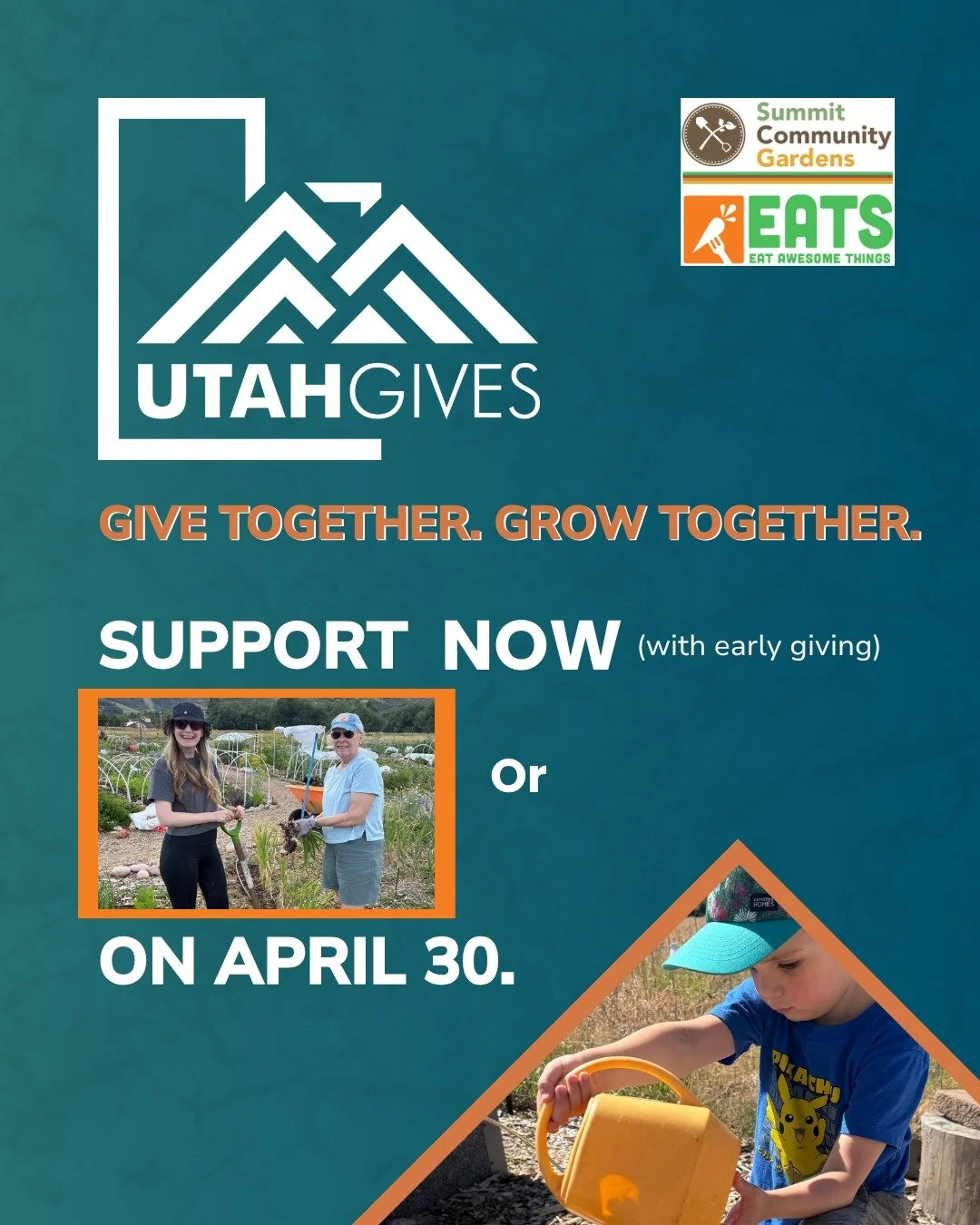 Something new is coming to Utah. We're proud to be part of the very first @UtahGives &mdash; a statewide day of generosity. Early giving is open, so you don&rsquo;t have to wait until April 30th. When you support Summit Community Gardens and EATS, yo