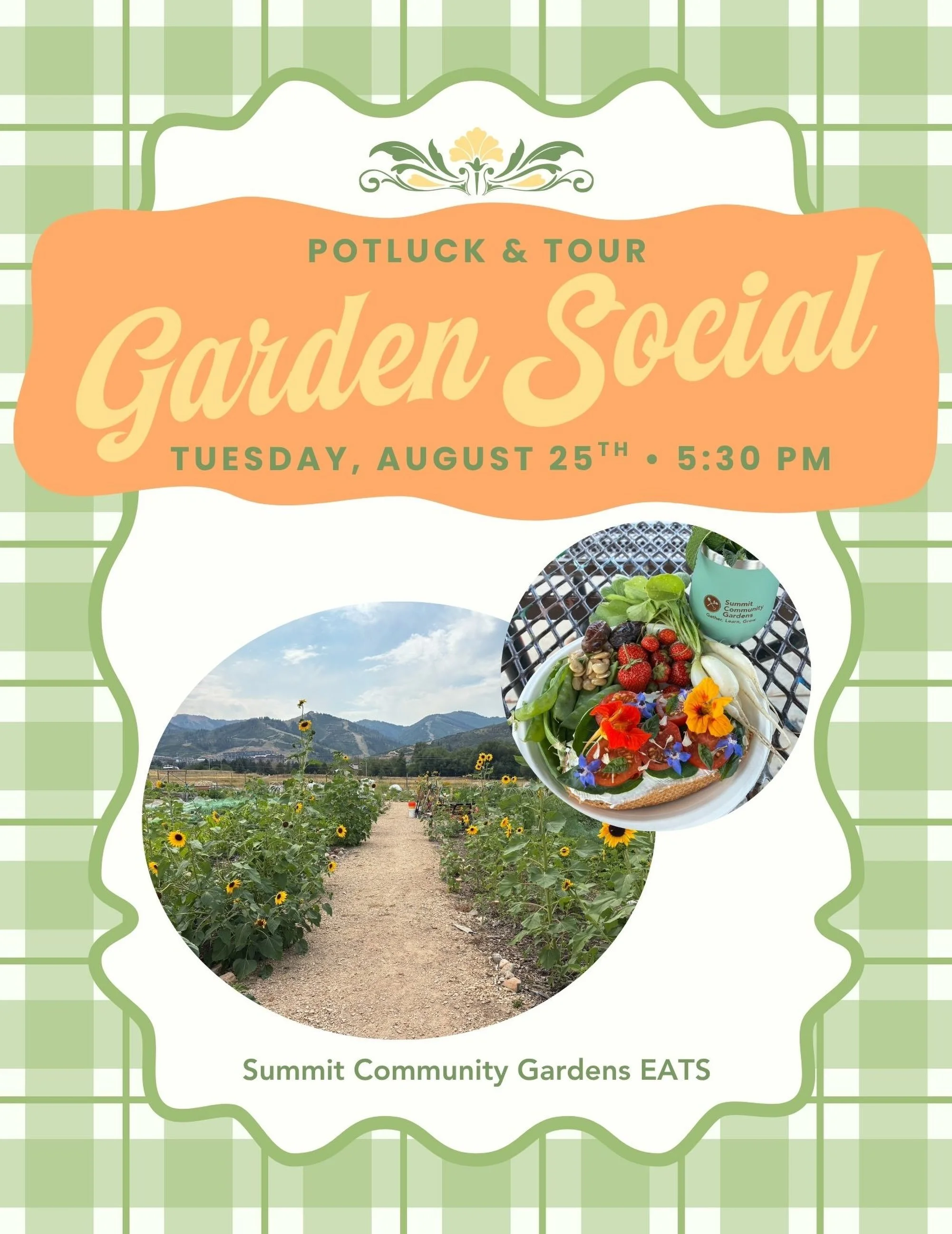 Due to forecasted rain and thunderstorms this evening, the Garden Social has been rescheduled to Tuesday, August 25th at 5:30 pm.

Join us to gather, connect, and eat in the Garden! There will be a short tour where growers will talk about their metho