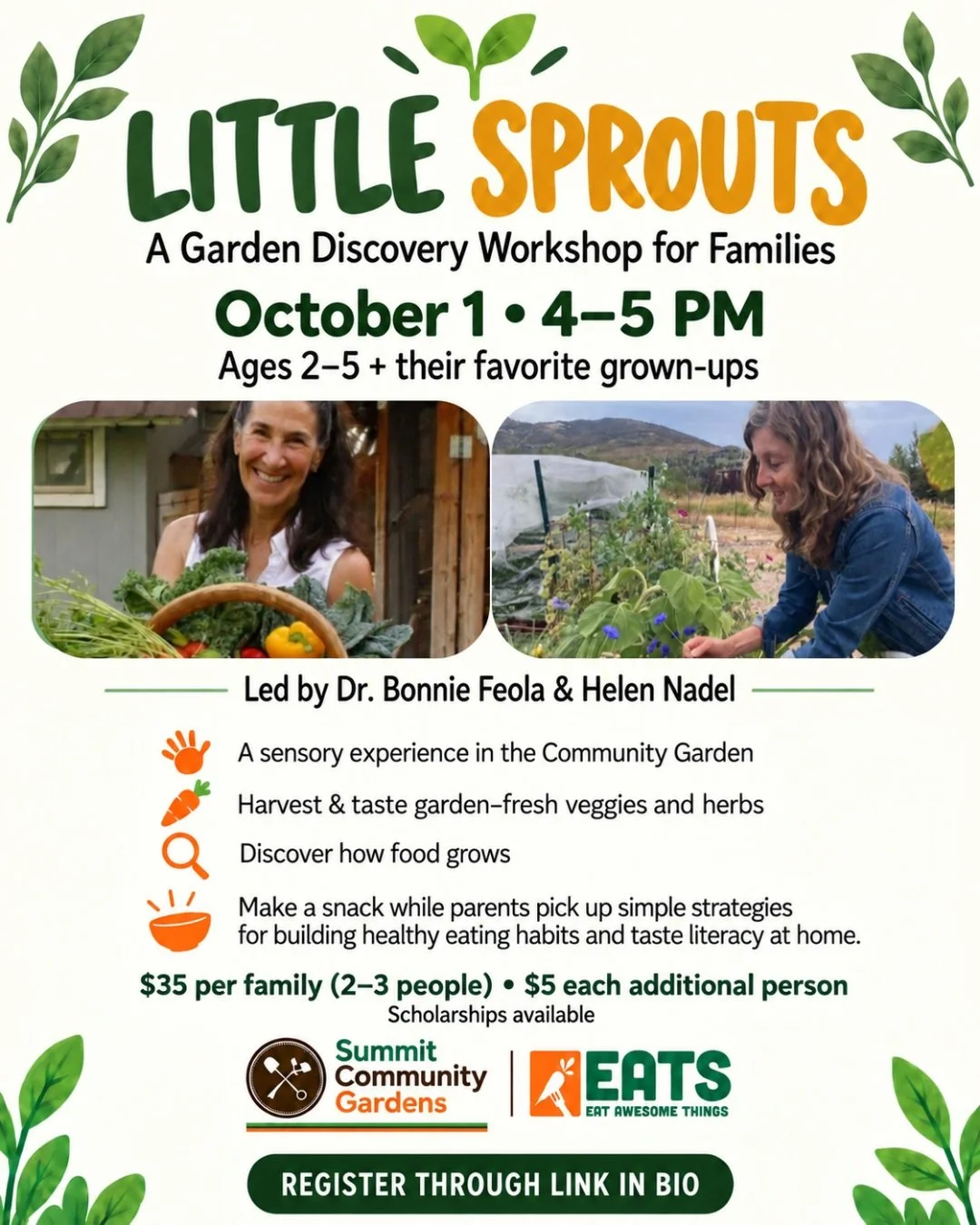 🌱 Little Sprouts: A Garden Discovery Workshop for Families 🌱

Bring your little one to the garden for an afternoon of digging, tasting, and growing together! 🥕🌻

Designed for ages 2&ndash;5 and their favorite grown-ups, this hands-on workshop inv