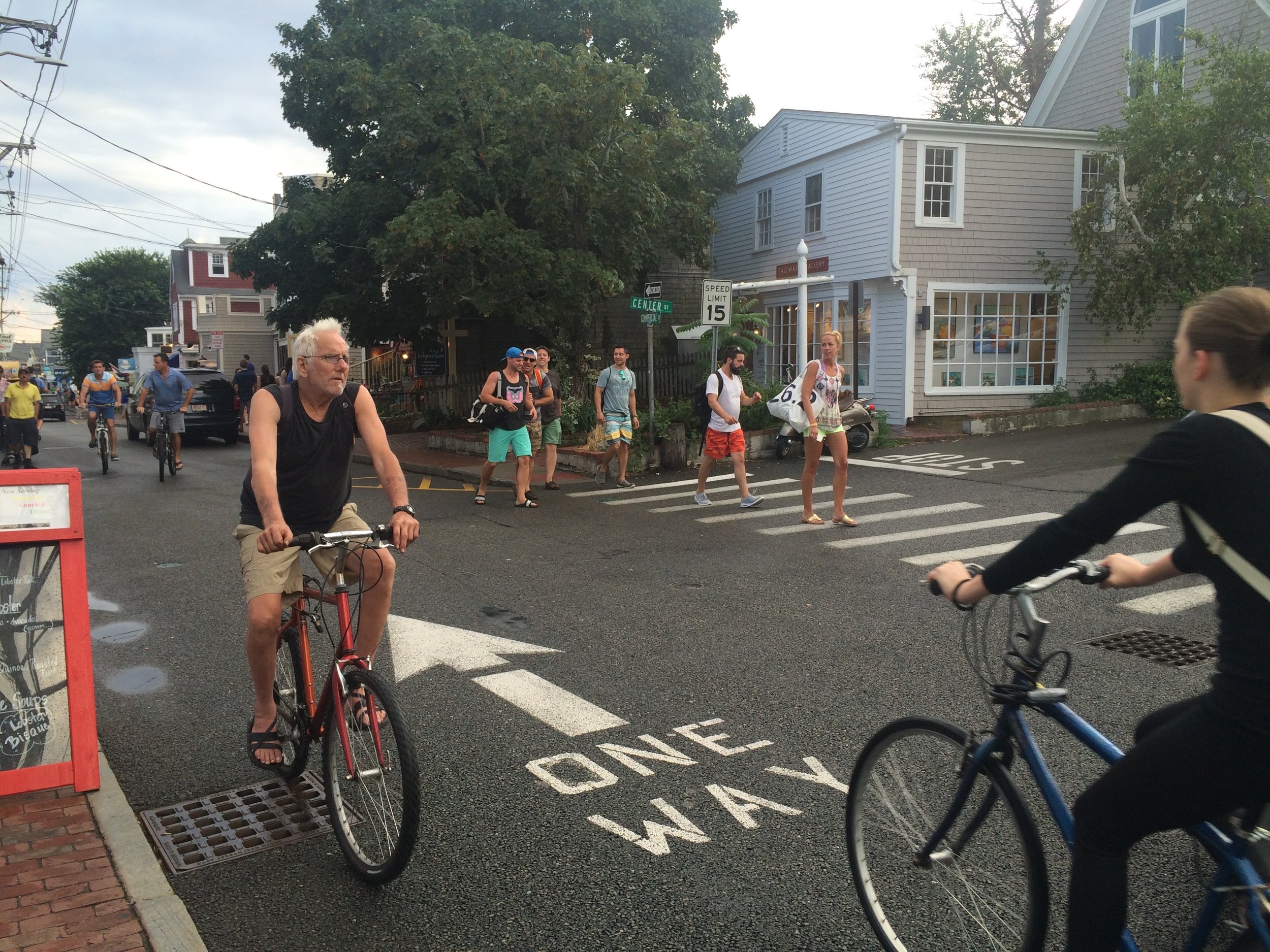  It's one-way for cars but two-way for bicycles along Commercial Street in Provincetown. 