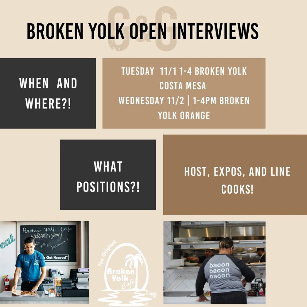 🚨Open Interview Alert!🍳 Wednesday - 11/2 come on by for open interviews from 12-4pm (at this location)! We cannot wait to meet you!🤝 Looking to fill the following positions: weekend host, and line cooks! Nothing better then working the mornings an