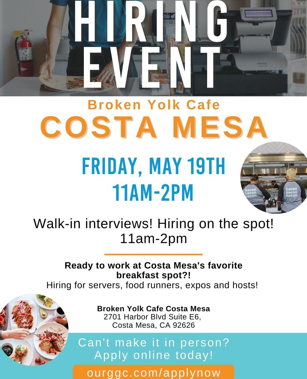 Hey Costa Mesa!👋 We're having a hiring event THIS FRIDAY!🥳 Come see us! Hiring on the spot with walk-in interviews! 11am-2pm! We can't wait to meet you!🍳🥞⁠