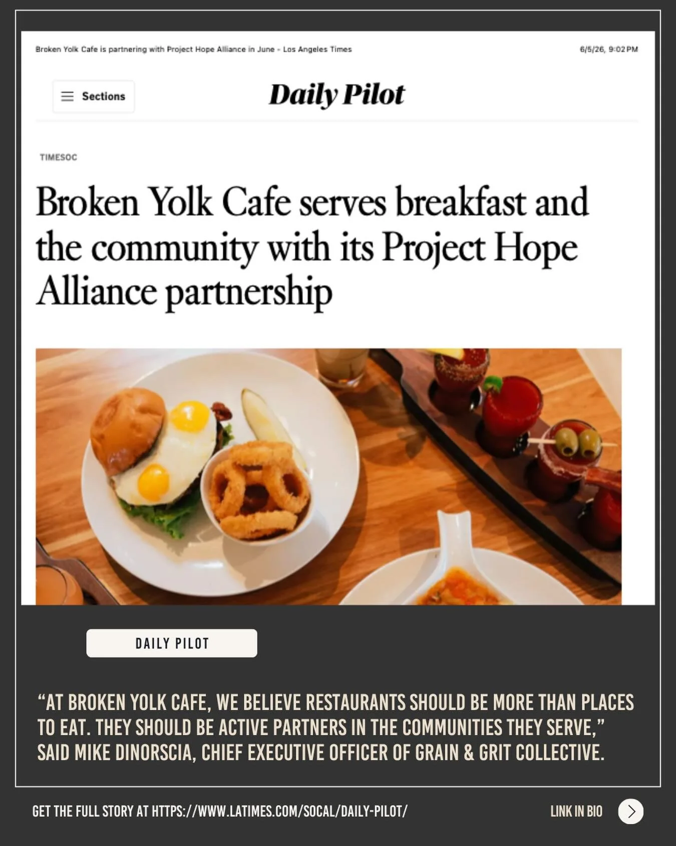 We&rsquo;re honored to see our partnership between Broken Yolk Cafe and @project.hope.alliance featured in the Los Angeles Times.

At Grain &amp; Grit Collective, we believe being part of the community means investing in it. Through this partnership,