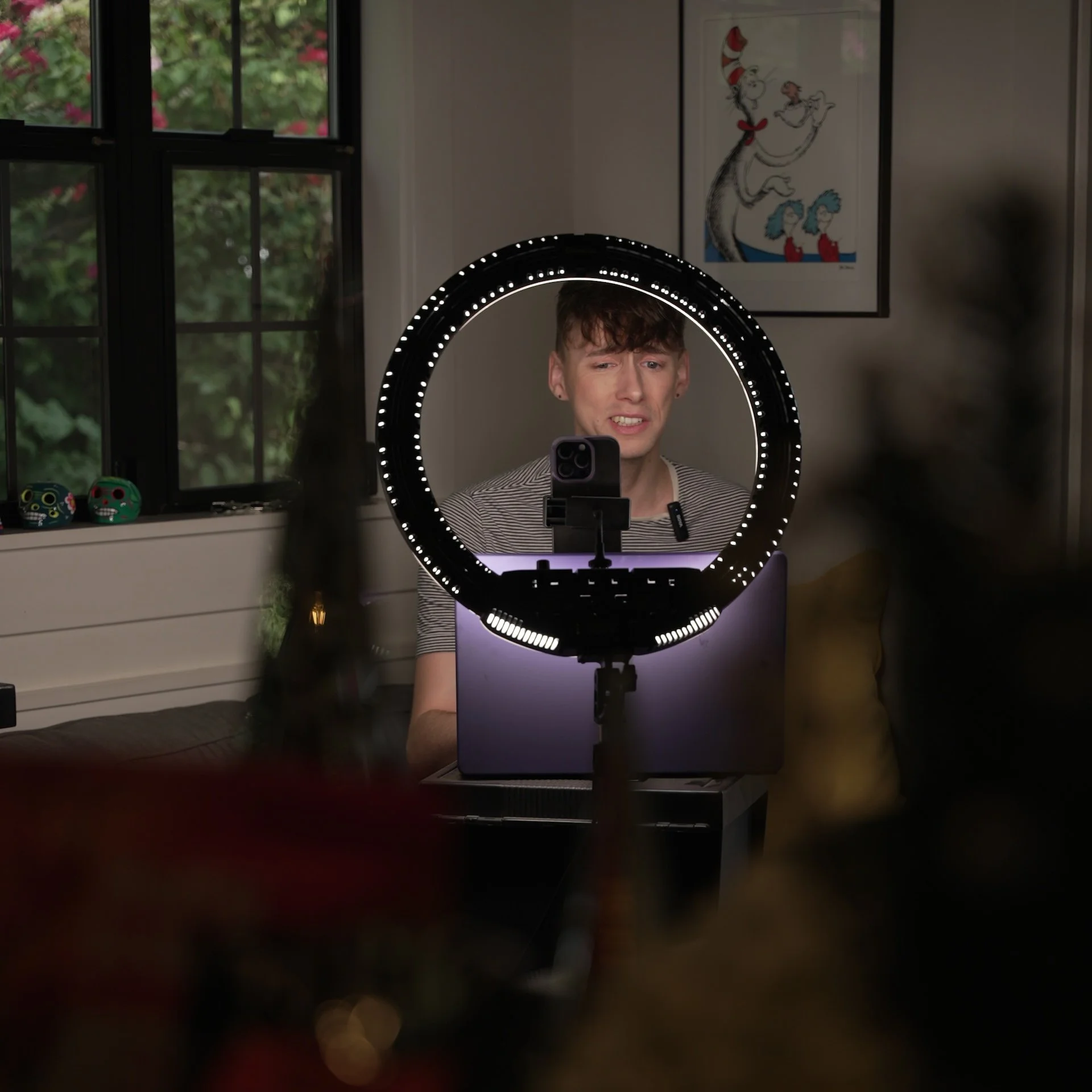 A person taking a selfie in a mirror with a ring light, with a window showing greenery and a framed cartoon poster of Horton and the Grinch in the background.