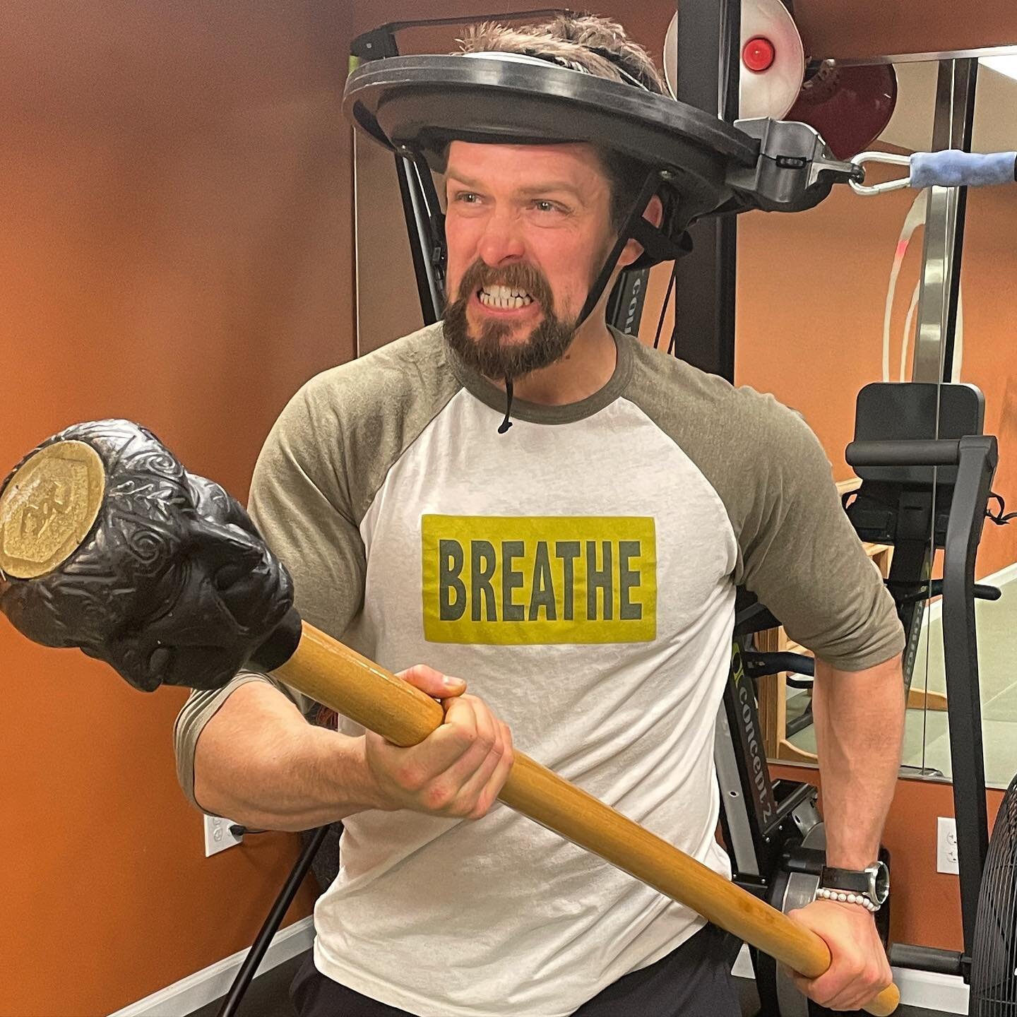 The man, the myth, the jackass @colinkirts. Playing around with the @theironneck and a trippy mace from @onnit. @korurealwellness #myonation #onnit #givemebackmyson #ironneck #neckstrengthening #necktherapy  #myofascialrelease #newhopepa #massagether