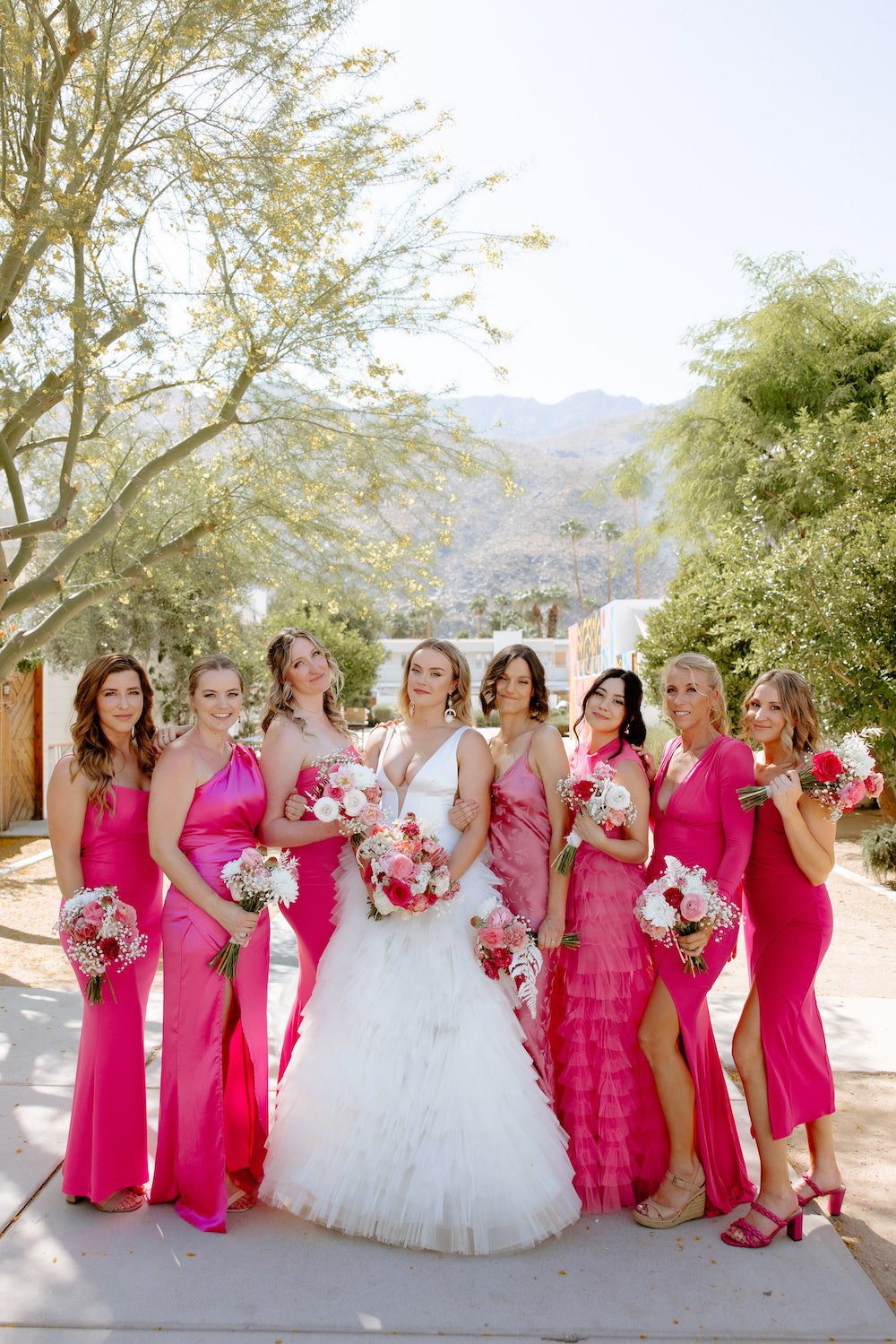 Hot pink barbie dream wedding bridesmaid portrait at The Ace Hotel Palm Springs.