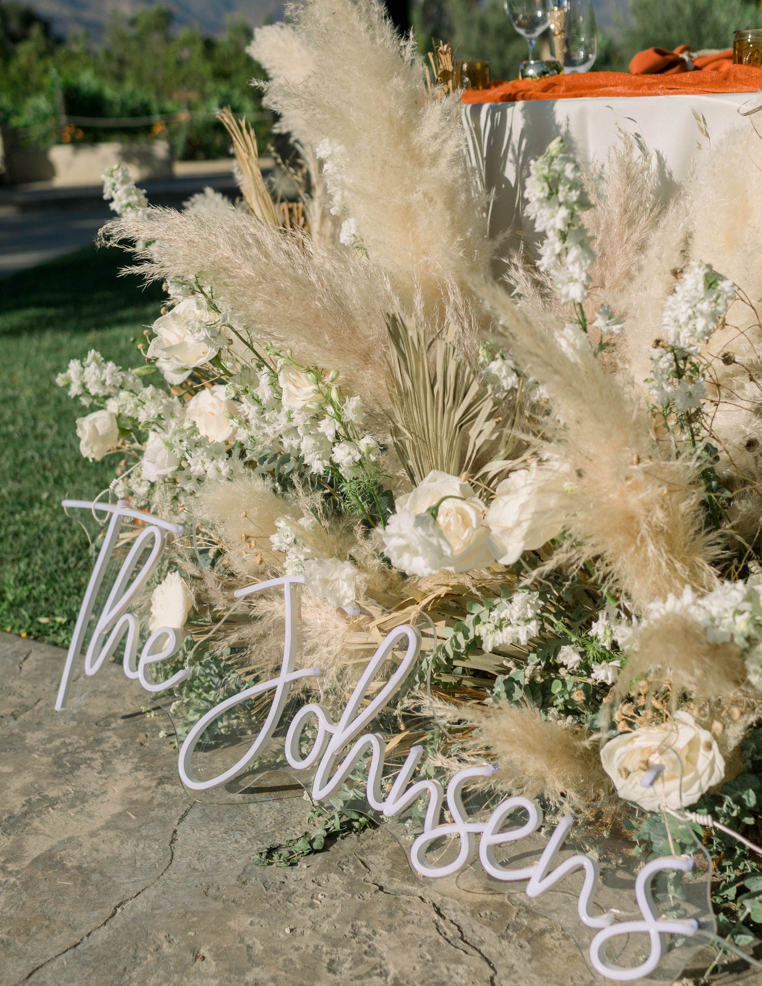 Boho pampas grass wedding sweetheart table decor at the Topa Mountain Winery. 