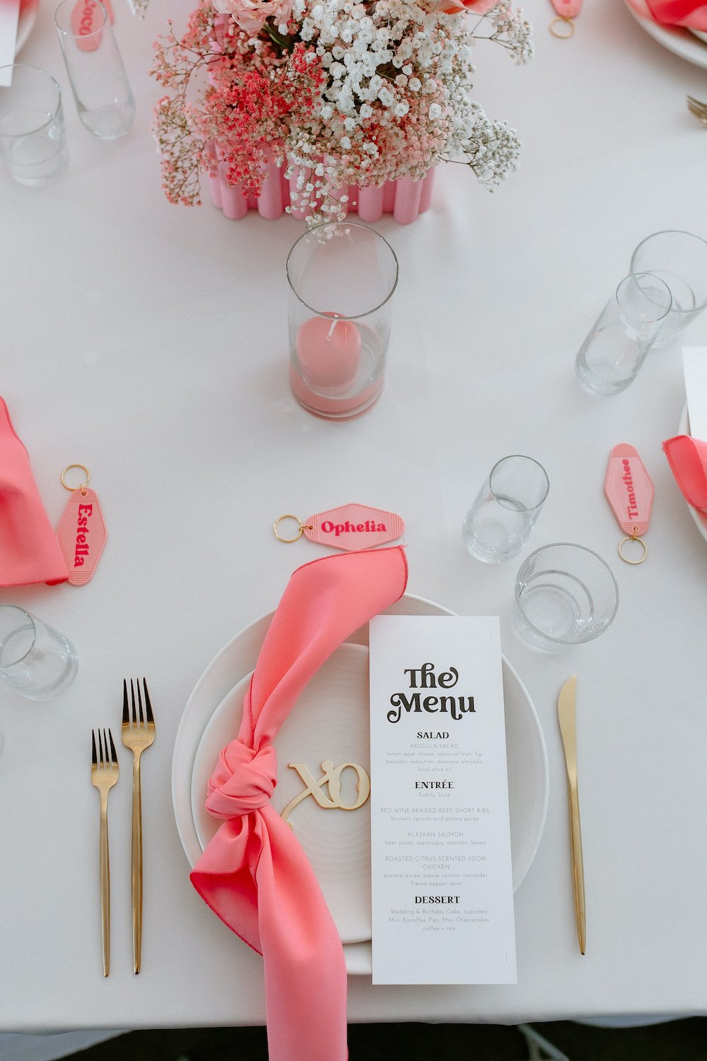 Hot pink modern wedding reception place setting at The Ace Hotel in Palm Springs.