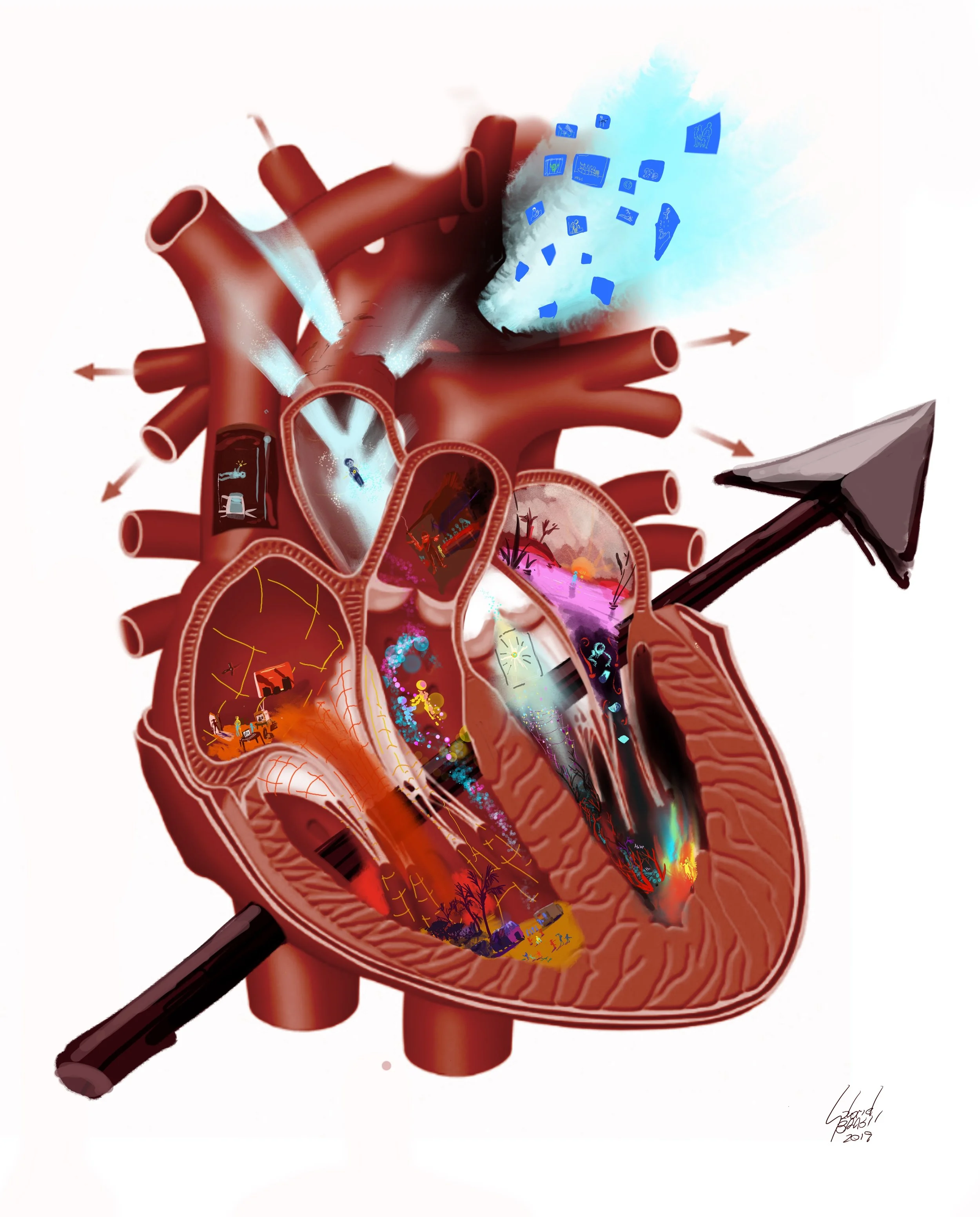 One of my early concept arts illustrates the idea of a heart full of memories. The participant would embody the owner of the heart as both try to make sense of the tragic, real life, ordeals that unfold.