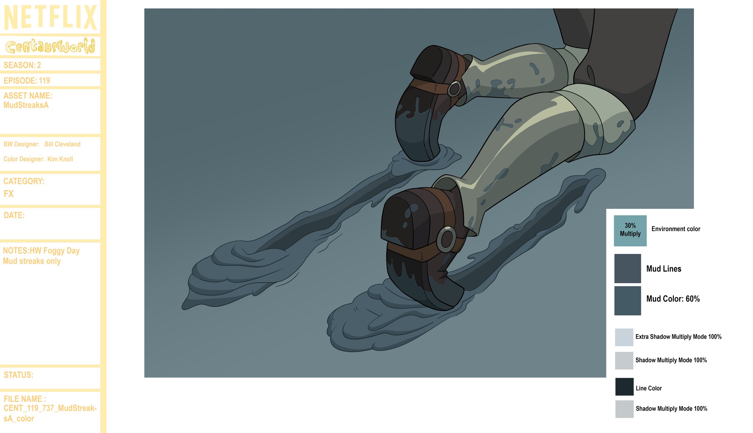 Responsible for color design and notes. Character design by Evan Palmer. FX design by Bill Cleveland.