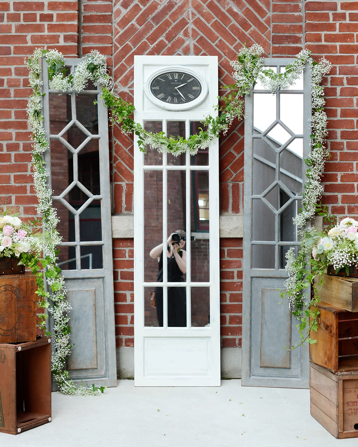 6’ gray chateau mirrors and white clock mirror