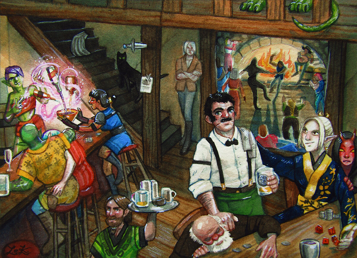 7” x 5” Watercolors, ink gouahce This was a commissioned piece for The Compleat Inskeeper's Handbook, a source for some cool homebrew D&D content. I wasn't allowed to share this picture until a preview for the book was ready, which it is! You