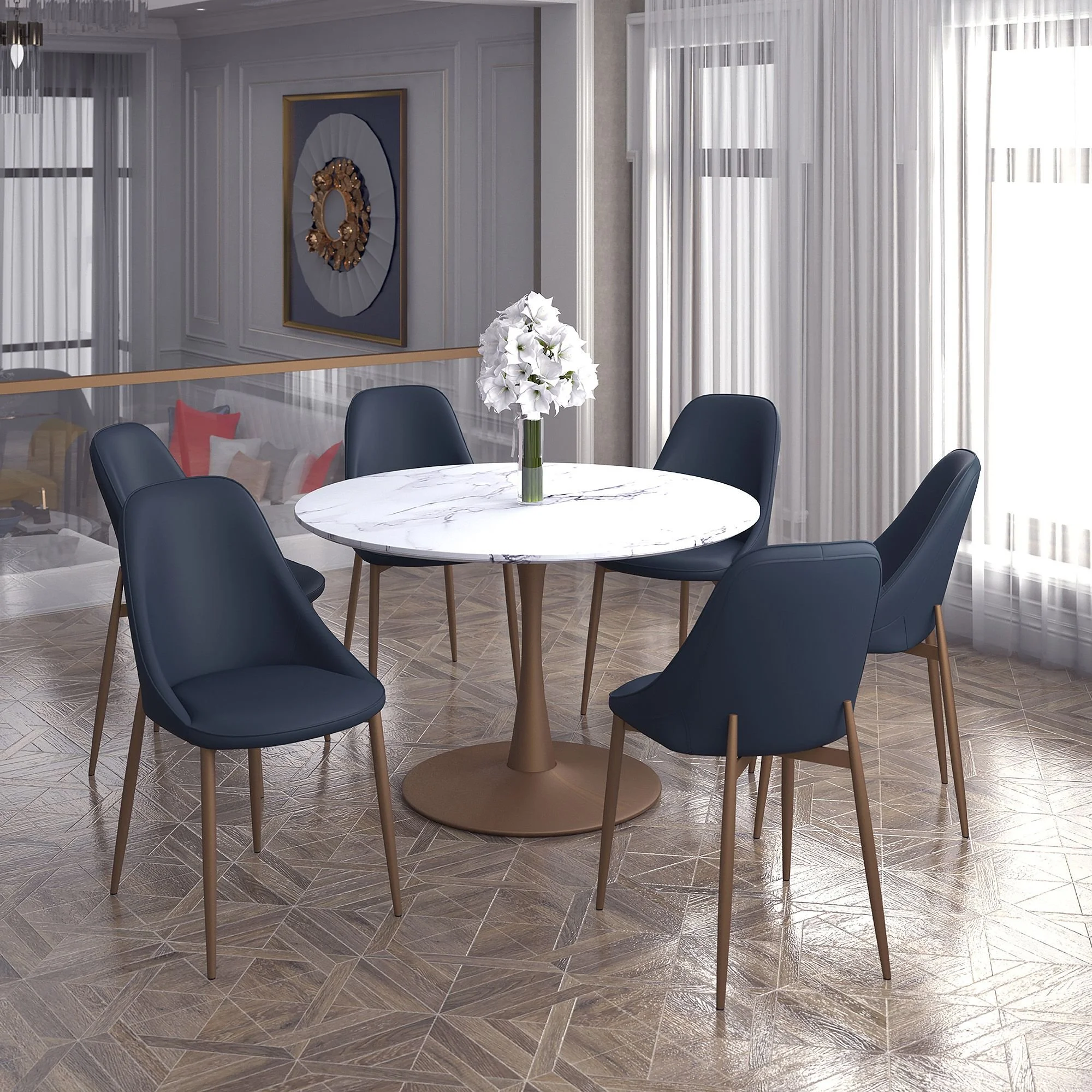 Zilo And Cleo 7pc Dining Set - White And Gold Table And Black Chairs