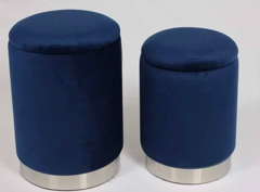 Freya set of 2 Ottoman: Navy Velvet with Silver Base