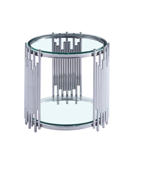 Flutes Silver Round End Table: Clear Glass