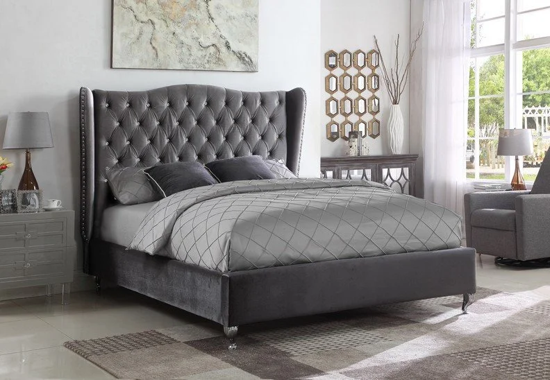 Grey Velvet Fabric Wing Back Bed