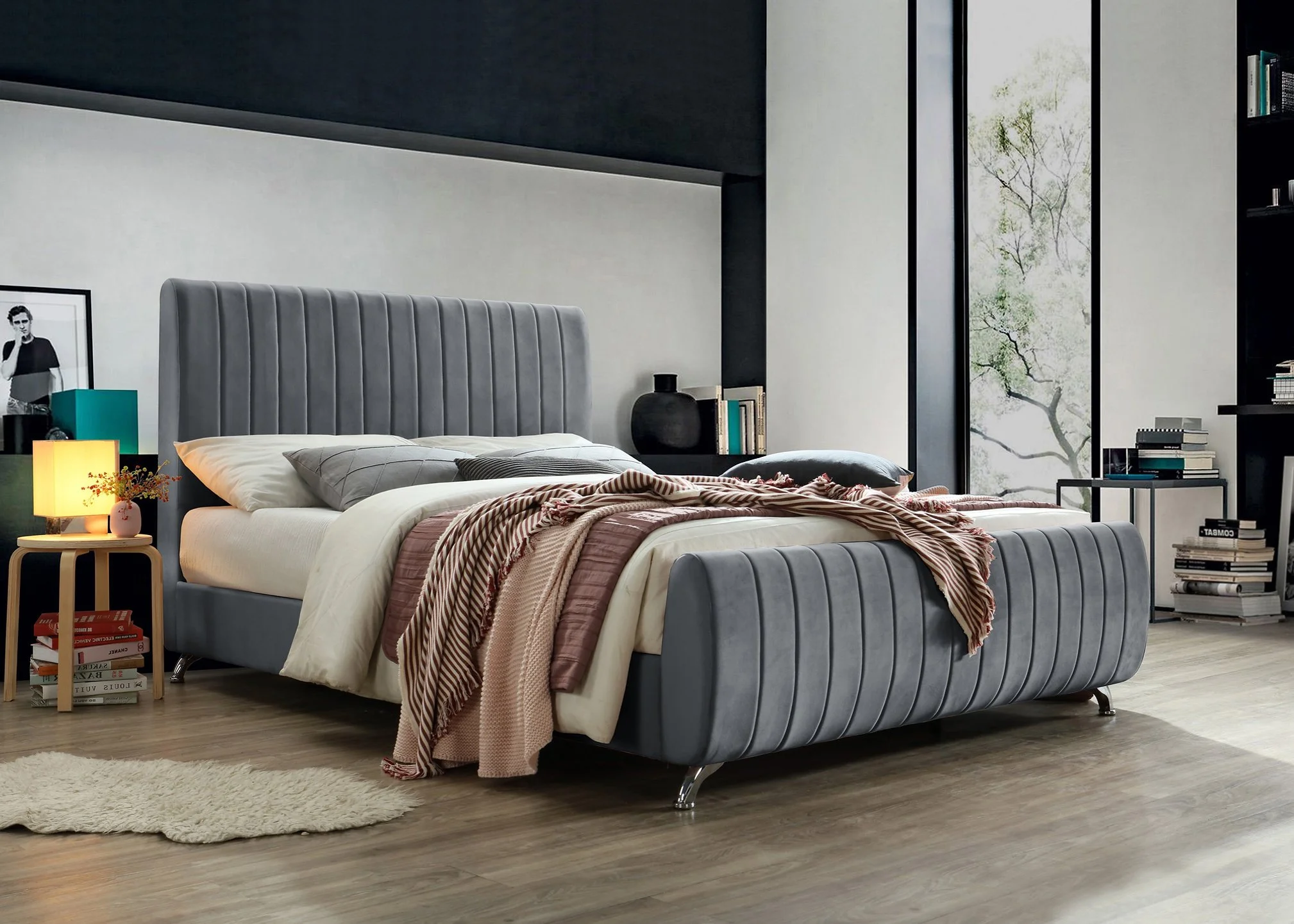 Grey Velvet Bed with Deep Tufting