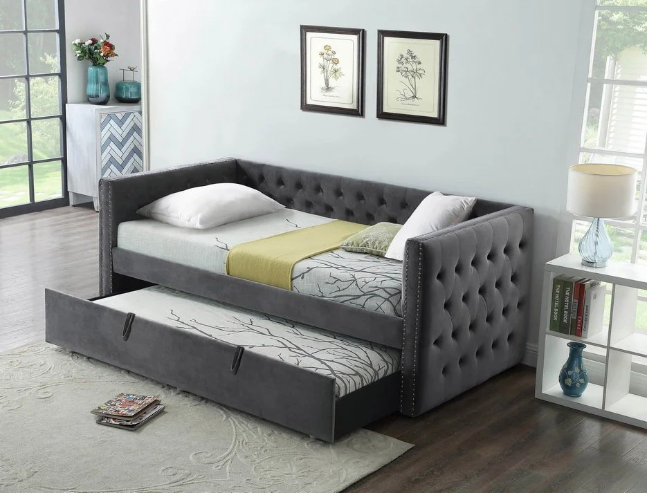 Grey Velvet Twin Size Day Bed with Pull-Out Trundle