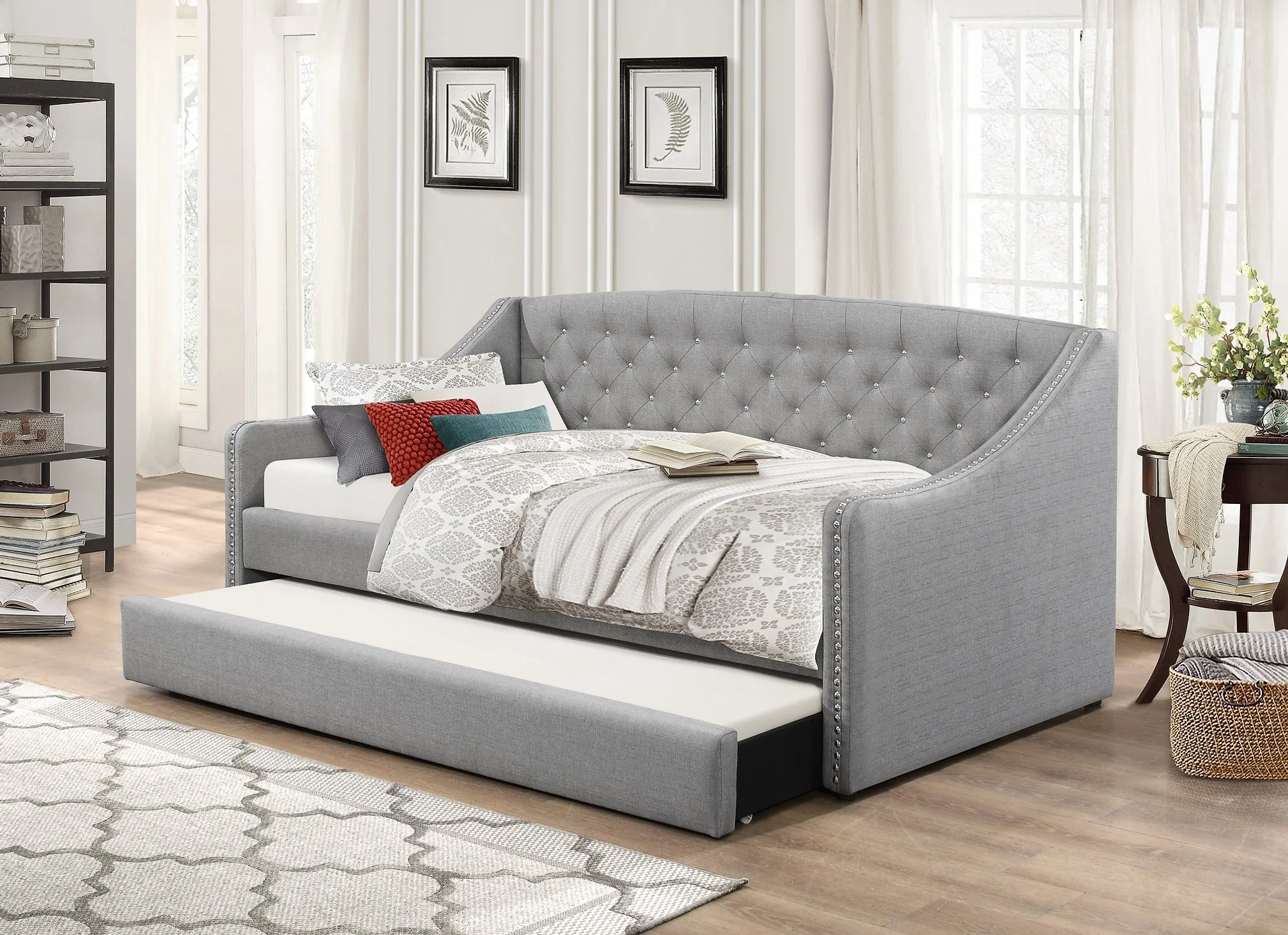 Grey Fabric Day Bed with Pull Out Trundle