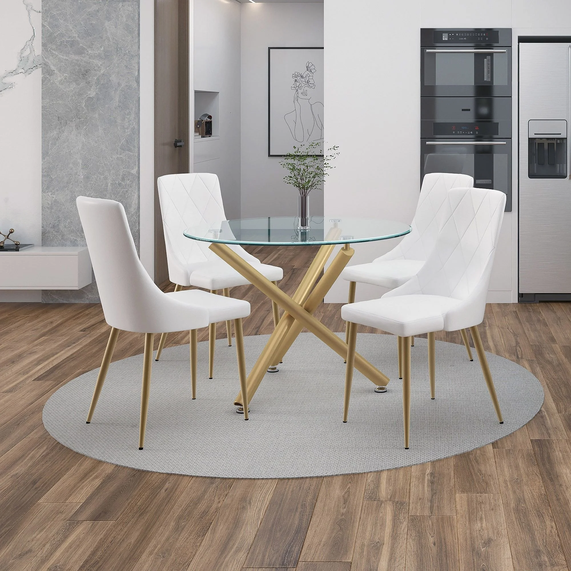 Carmilla And Antoine 5pc Dining Set - Aged Gold Table And White Chairs