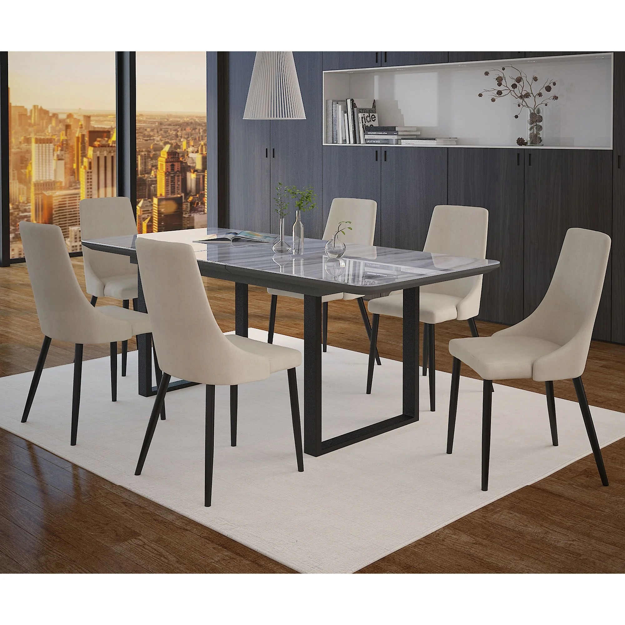 Gavin And Venice 7pc Dining Set - Black Table And Beige Chairs
