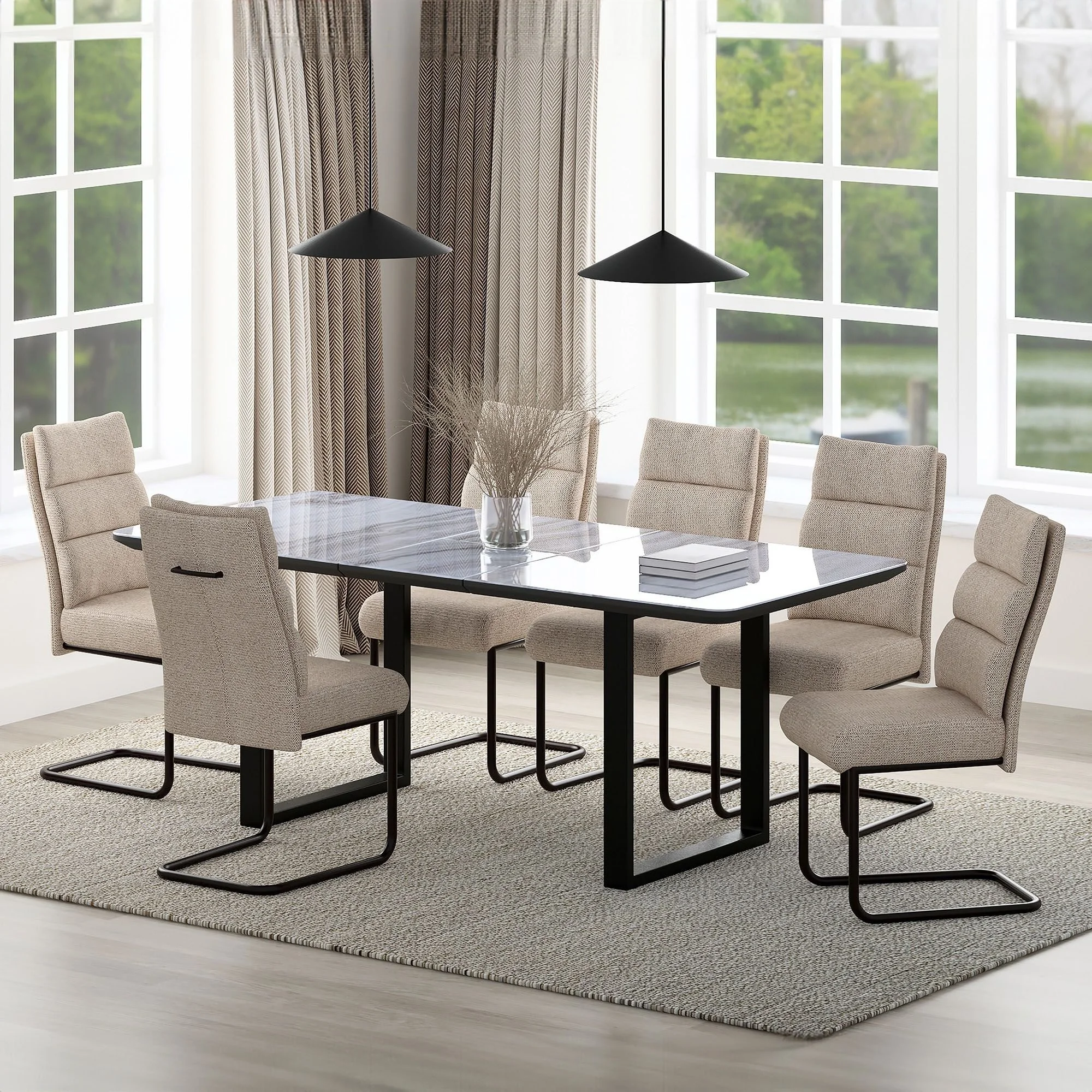Gavin And Brodi 7pc Dining Set - Black Table And Beige Chairs