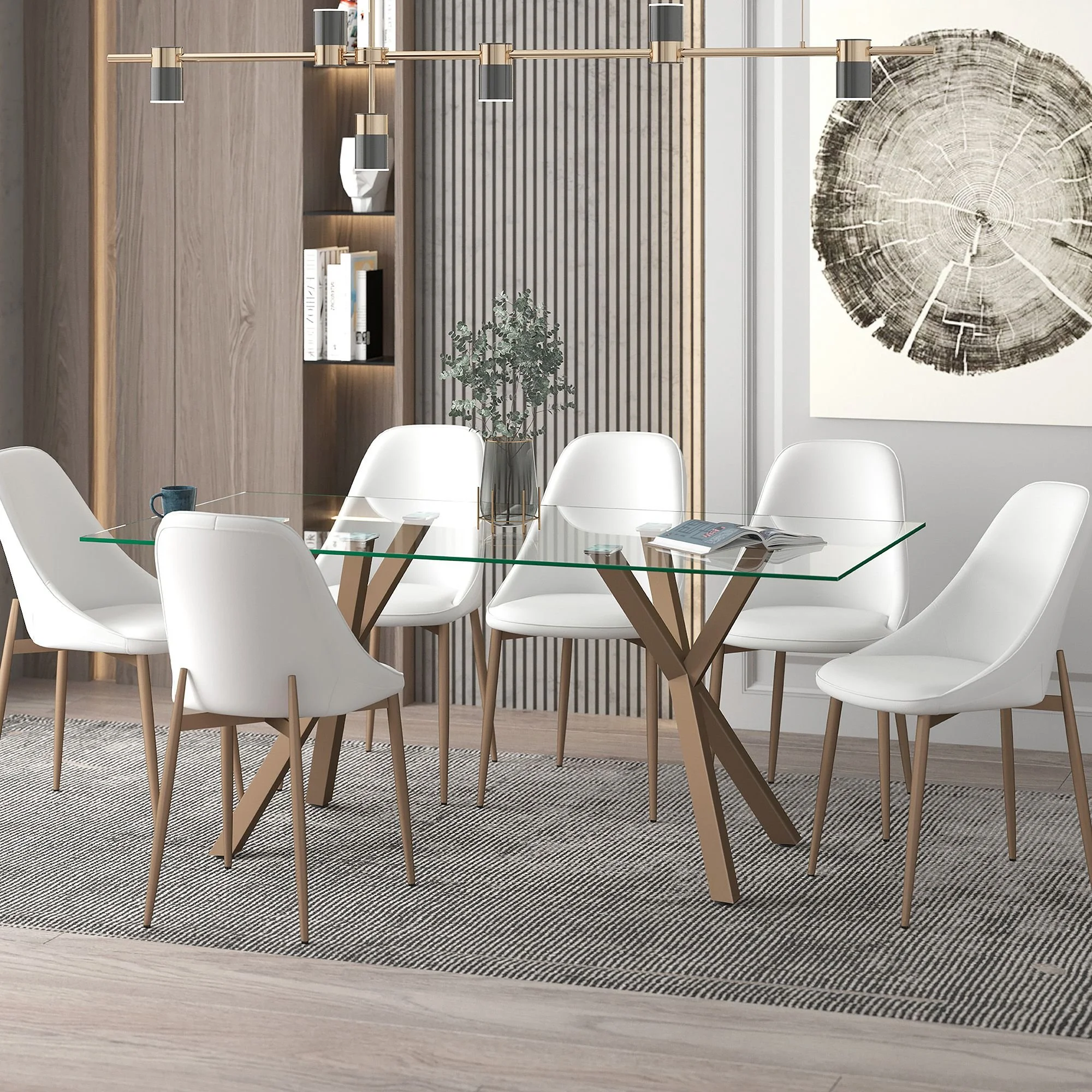 Stark And Cleo 7pc Dining Set - Aged Gold Table And White Chairs