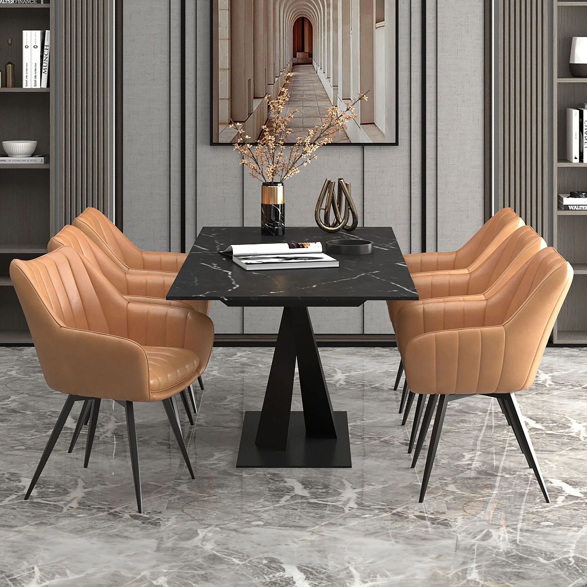 Julius And Talon 7pc Dining Set - Black Table And Camel Chairs
