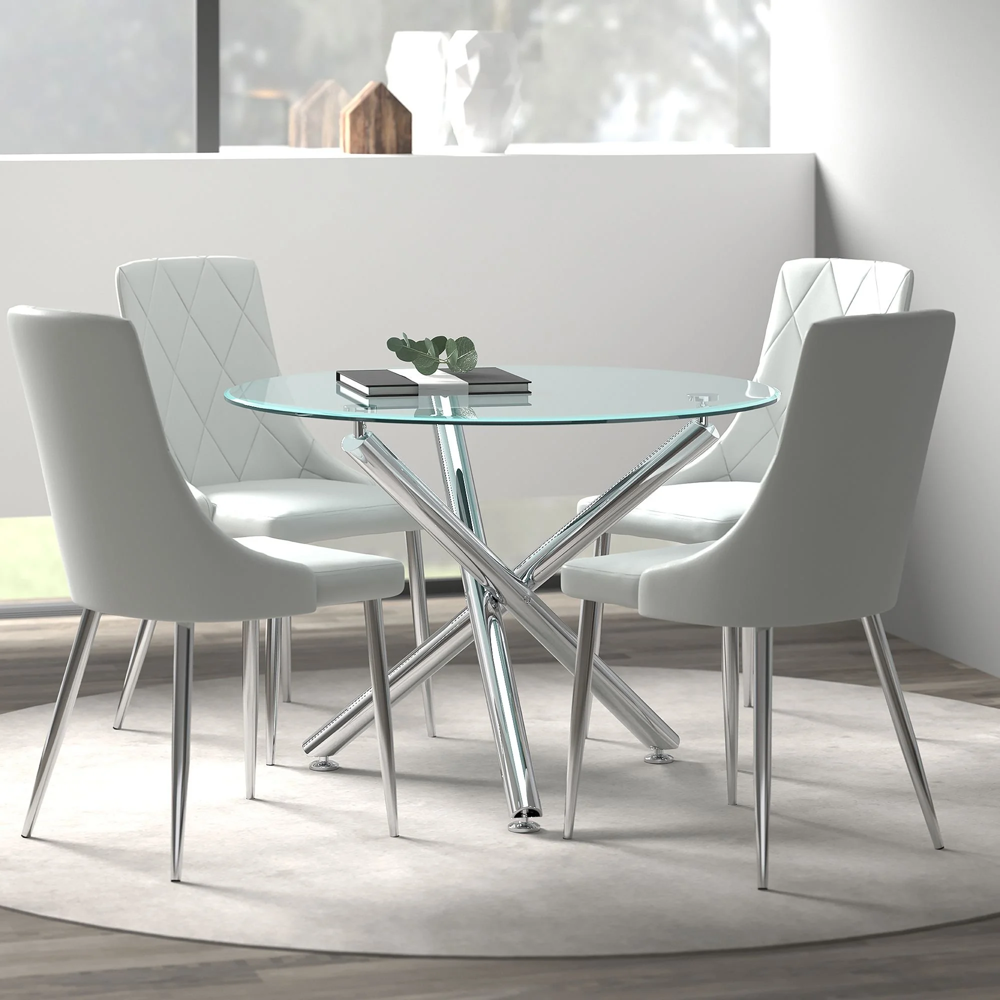 Solara And Devo 5pc Dining Set - Chrome Table And Grey Chairs