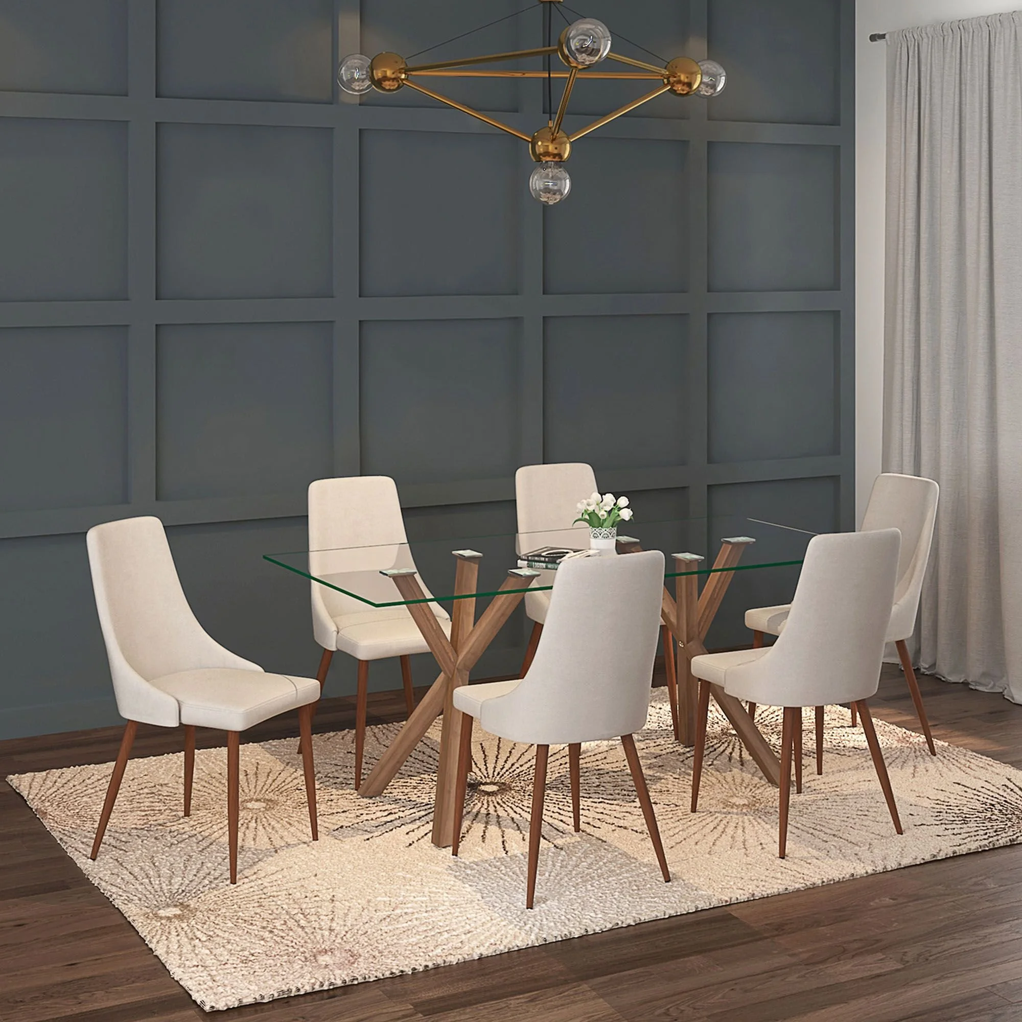 Stark And Cora 7pc Dining Set - Walnut Table And Beige Chairs