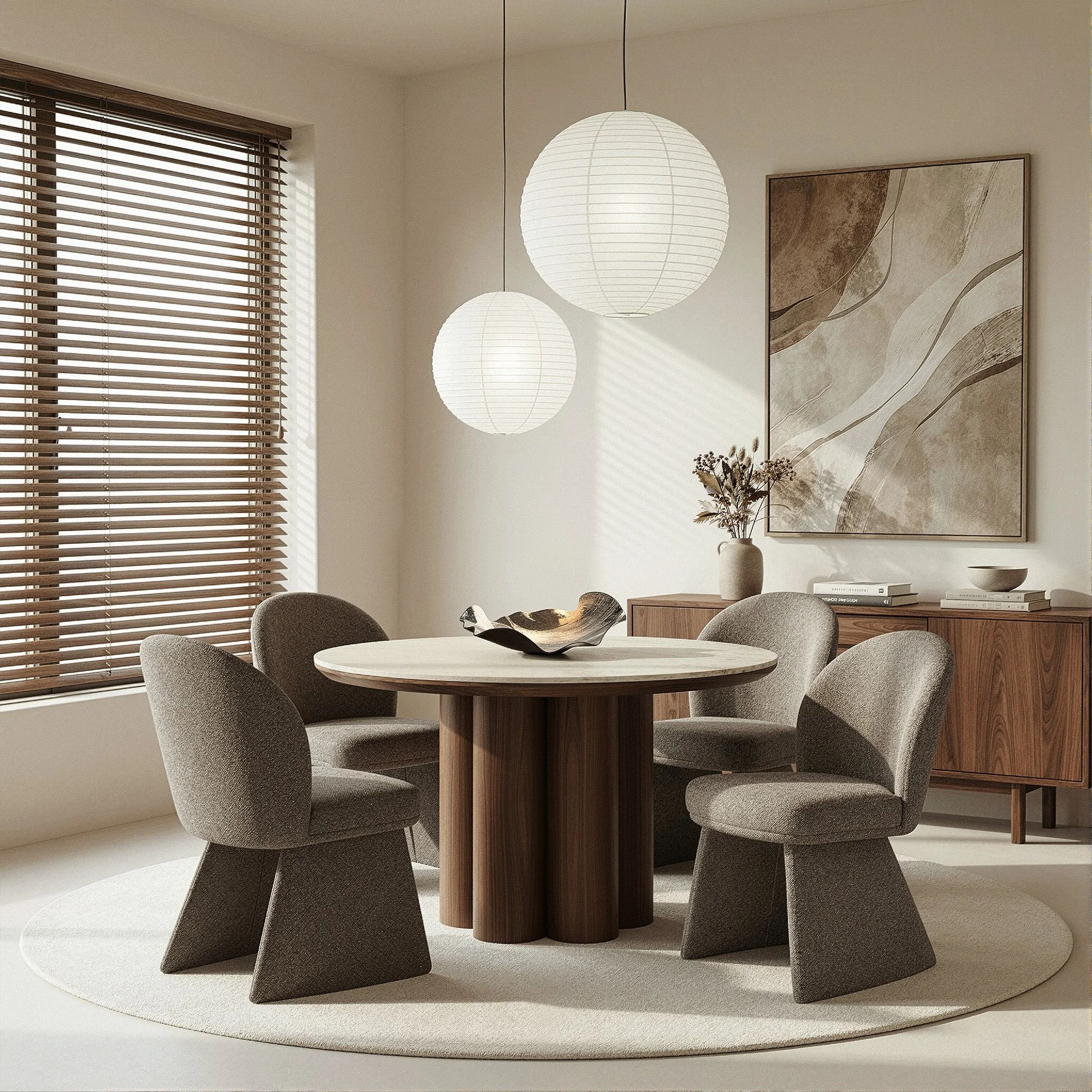Seaton And Noelle 5pc Dining Set - Walnut And Travertine Table And Brown Chairs