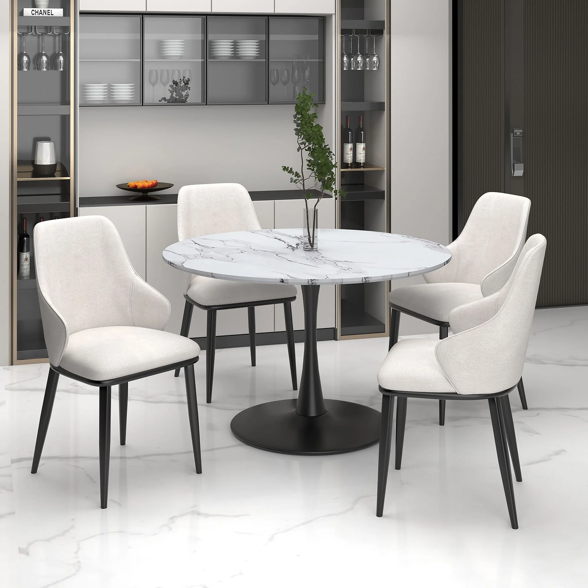 Zilo And Kash 5pc Dining Set - Black And Aged Gold Table And Beige Chairs
