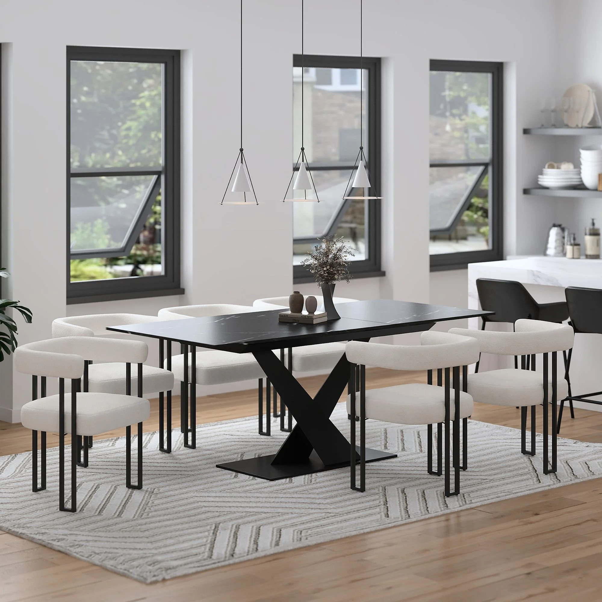 Julius And Scarlet 7pc Dining Set - Black Table And Ivory Chairs