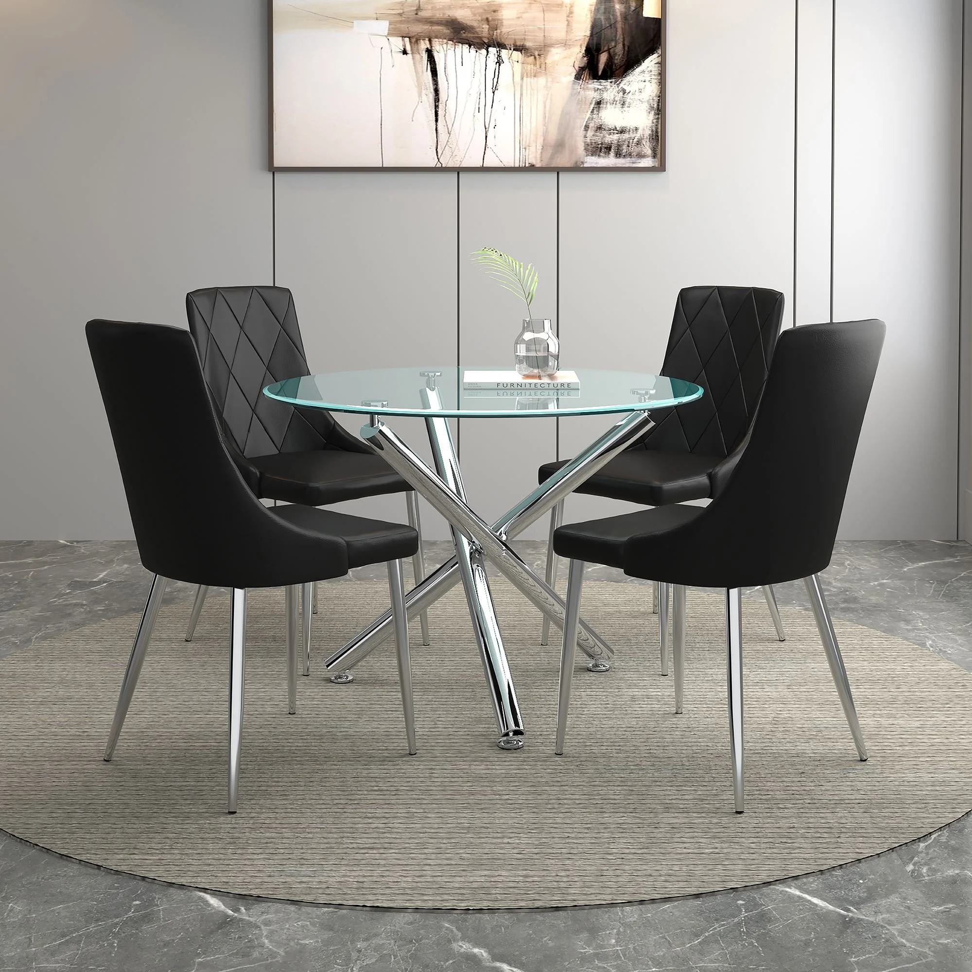 Solara And Devo 5pc Dining Set - Chrome Table And Black Chairs