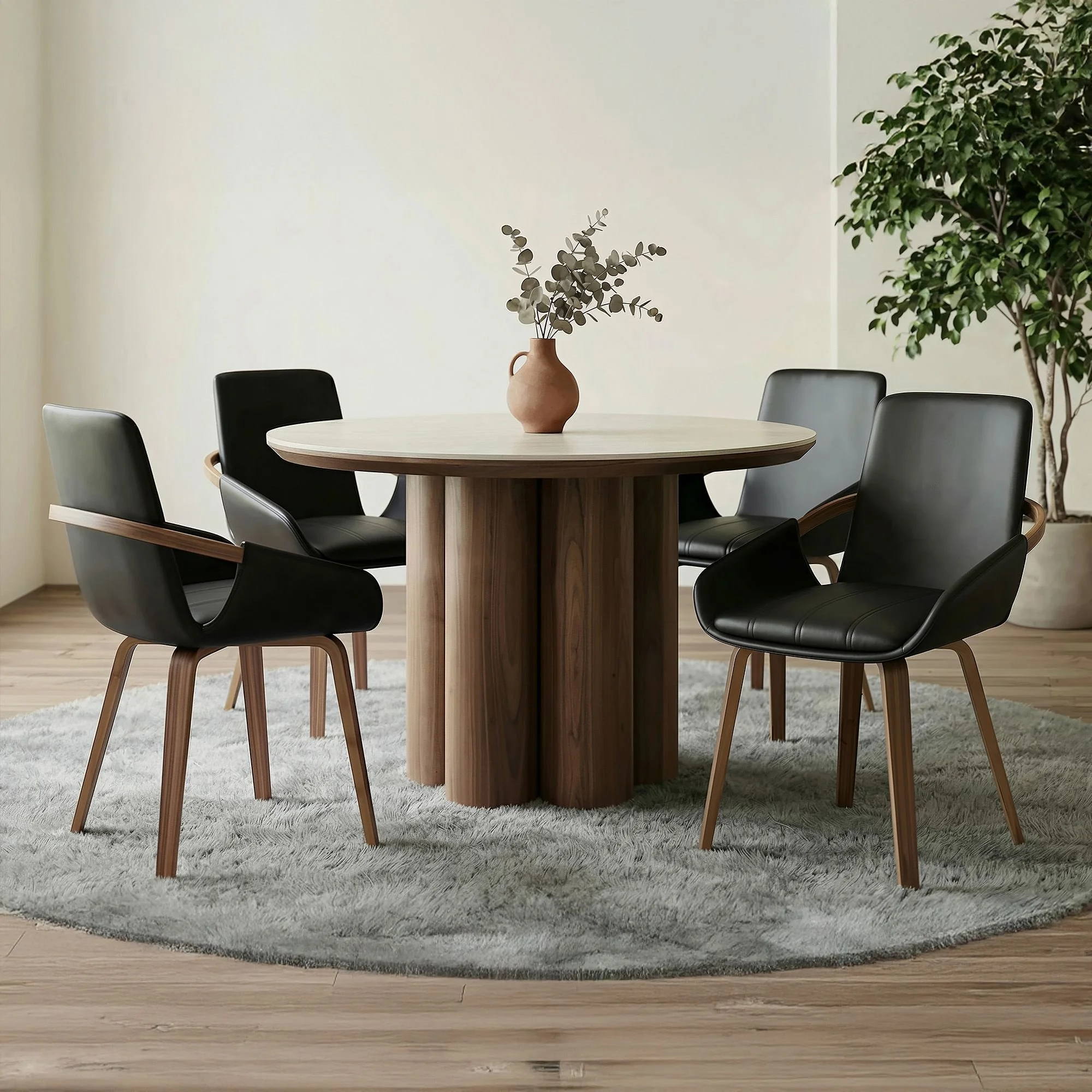 Seaton And Caspian 5pc Dining Set - Walnut And Travertine Table And Black And Walnut Chairs