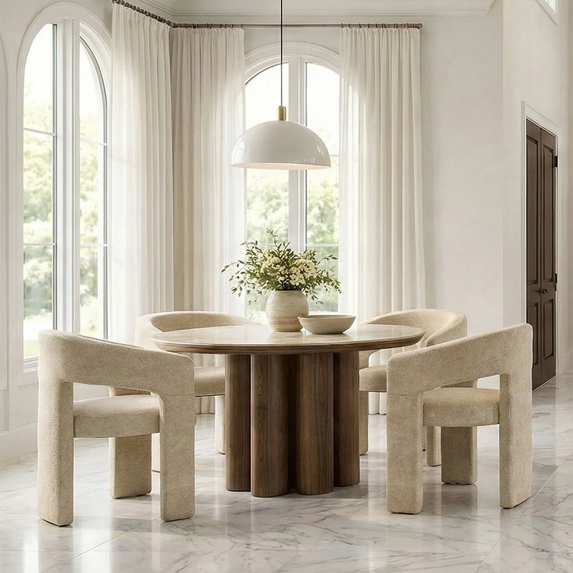 Seaton And Amara 5pc Dining Set - Walnut And Travertine Table And Beige Chairs