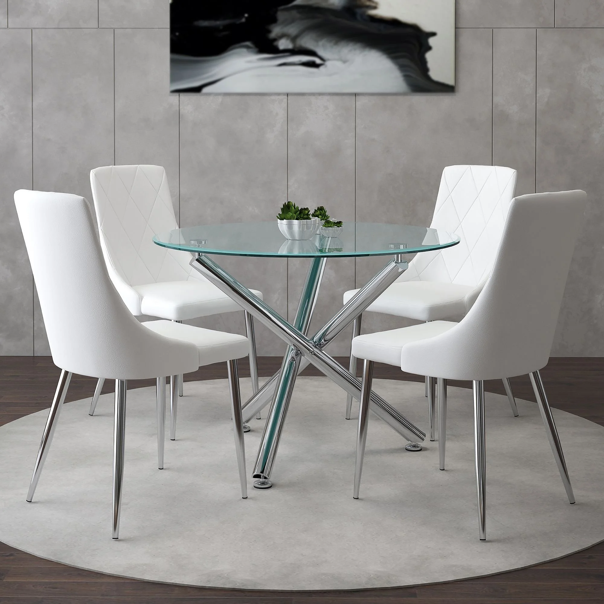 Solara And Devo 5pc Dining Set - Chrome Table And White Chairs